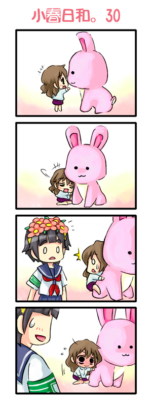 piku, kiyama harumi, uiharu kazari, toaru kagaku no railgun, toaru majutsu no index, 4koma, caught, chibi, comic, embarrassed, rabbit, riding, silent comic