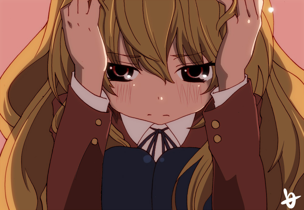 hanauna, aisaka taiga, toradora!, 1girl, blush, brown eyes, brown hair, close-up, female focus, holding detached head, long hair, pink eyes, school uniform, solo, squatting, thighhighs