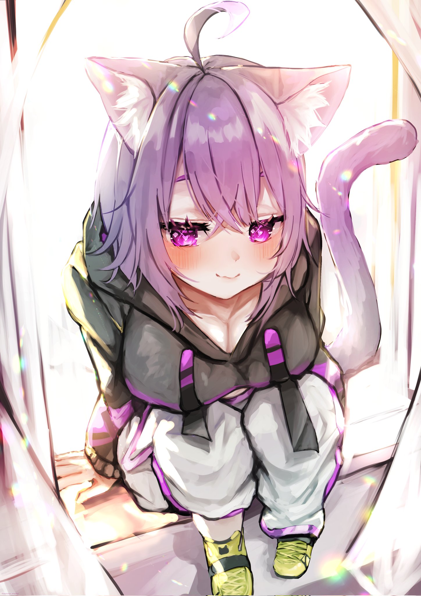 yuzuno wagiri, nekomata okayu, nekomata okayu (1st costume), hololive, commentary request, highres, 1girl, animal ears, black hoodie, blush, breasts, cat ears, cat girl, cat tail, cleavage, closed mouth, hood, hoodie, large breasts, pants, purple eyes, purple hair, purple tail, short hair, sitting, smile, solo, tail, virtual youtuber, white pants