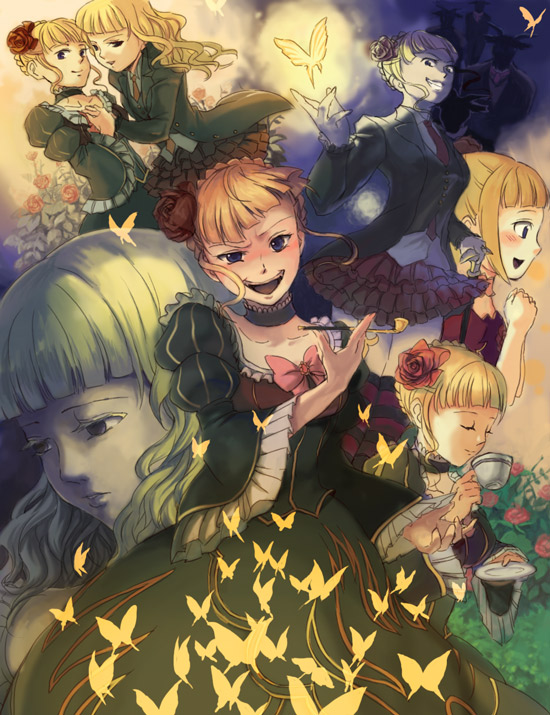 furutachirikonbu, beatrice (umineko), umineko no naku koro ni, 1girl, alternate hairstyle, blonde hair, bow, bug, butterfly, child, dress, flower, hair down, insect, kiseru, necktie, pink bow, skirt, smoking pipe, tea