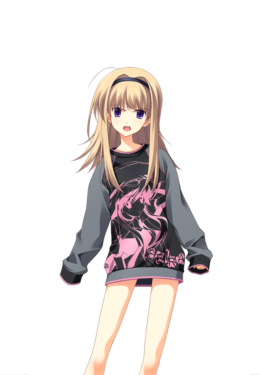 matsuo yukihiro, nishijou nanami, seira orgel, blood tune, chaos;head, science adventure, game cg, non-web source, official art, 1girl, angry, bare legs, black hairband, blonde hair, bottomless, breasts, character name, character print, furious, hairband, long sleeves, looking at viewer, loungewear, open mouth, pink trim, purple eyes, small breasts, solo, sprite, sweater, swept bangs, transparent background