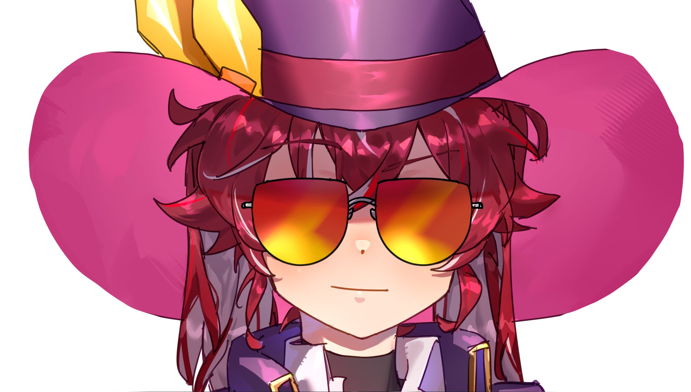 winter snow, evil twin ki-sikil, ki-sikil (yu-gi-oh!), yu-gi-oh!, highres, 1girl, close-up, duel monster, hat, purple hat, red hair, simple background, solo, sunglasses, thumbnail collage, white background