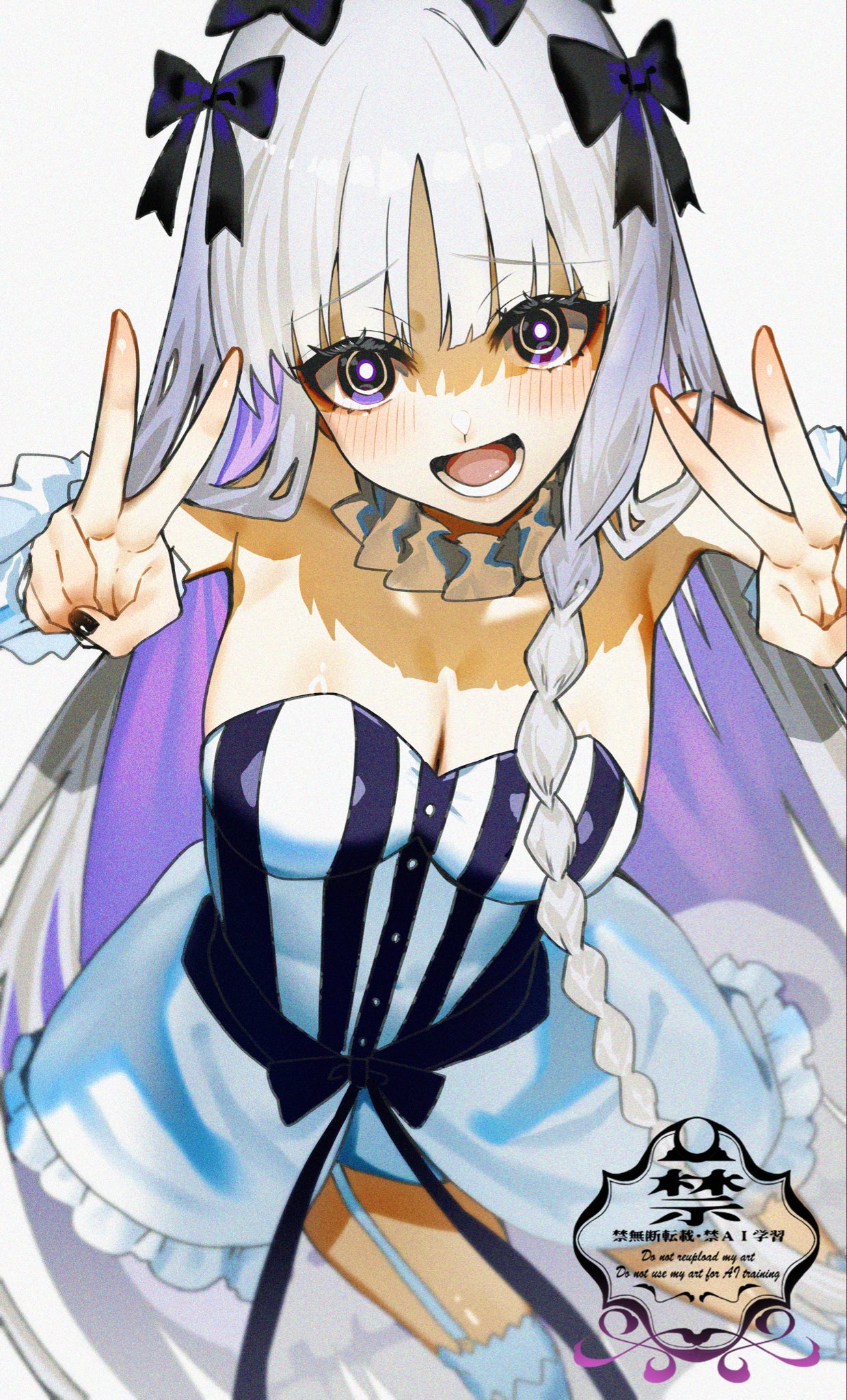 kabosoi mangaka, francesca prelati (fate), fate/strange fake, fate (series), commentary request, highres, 1girl, bare shoulders, black bow, black eyes, blush, bow, braid, breasts, cleavage, collar, colored inner hair, detached sleeves, double v, dress, frilled collar, frills, garter straps, grey hair, hair bow, long hair, looking at viewer, medium breasts, multicolored hair, open mouth, parted bangs, ringed eyes, sidelocks, skull print, smile, solo, striped clothes, striped dress, thighhighs, thighs, v, very long hair, white dress, white hair, white thighhighs