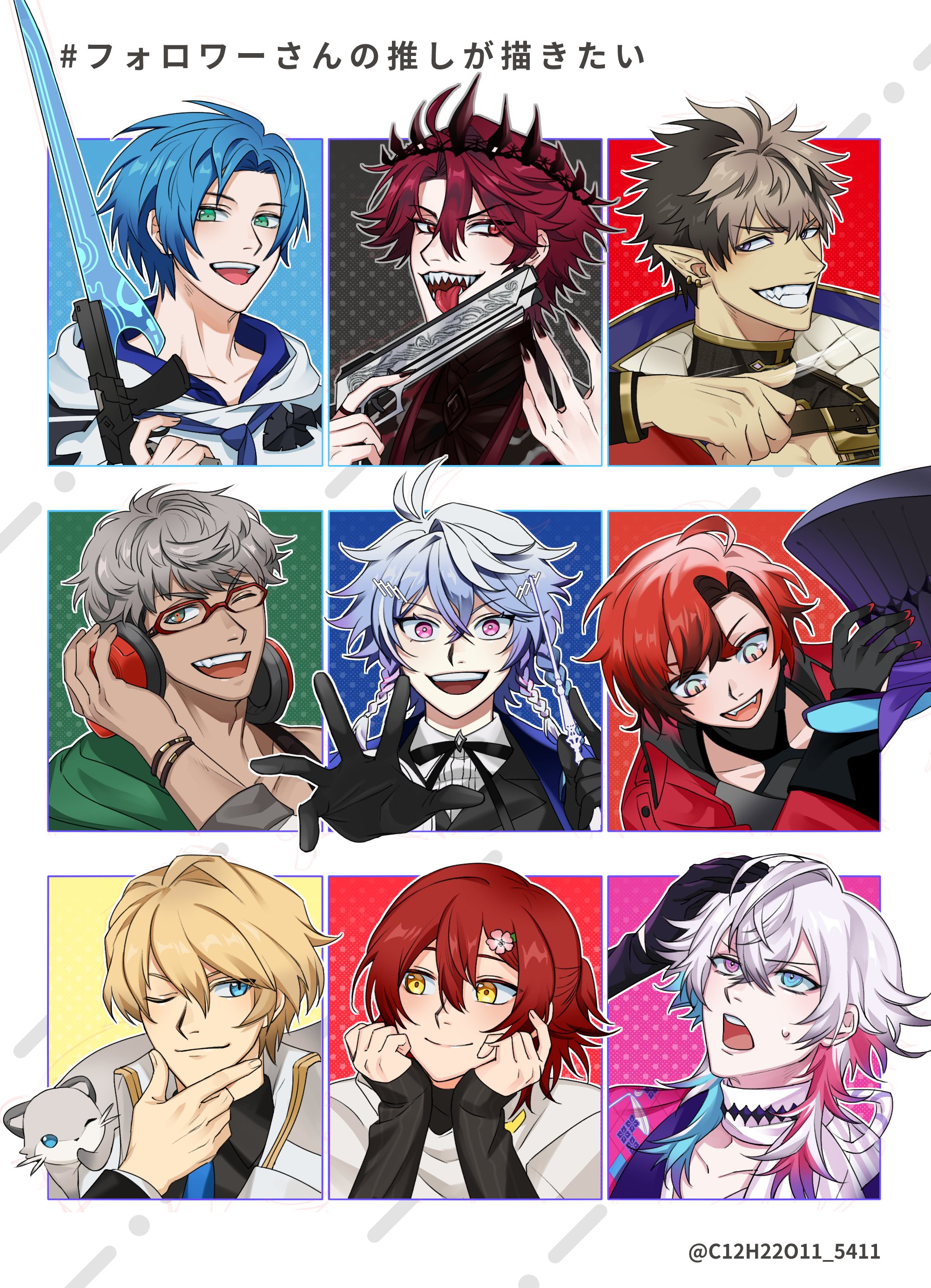 arurandeisu, arurandeisu (1st costume), crimzon ruze, gavis bettel, gavis bettel (1st costume), hanasaki miyabi, hanasaki miyabi (1st costume), jurard t rexford, kishido temma, kishido temma (1st costume), machina x flayon, machina x flayon (1st costume), octavio, regis altare, holostars, holostars english, absurdres, commentary, english commentary, highres, 6+boys, animal, animal on shoulder, black background, black bow, black bowtie, black gloves, black jacket, black nails, blonde hair, blue background, blue eyes, blue hair, bow, bowtie, bracelet, braid, brown hair, conductor baton, crown, ear piercing, fangs, ferret, fingernails, flower hairpin, followers favorite challenge, glasses, gloves, green background, green eyes, grey hair, gun, hair ornament, hairclip, hand on headphones, hand on own chin, hands on own face, hat, headphones, headphones around neck, heterochromia, hiyamaru, holding, holding baton, holding gun, holding unworn clothes, holding unworn hat, holding weapon, hood, hoodie, hoto 11010, jacket, jewelry, male focus, multicolored hair, multiple boys, multiple braids, multiple drawing challenge, nail polish, one eye closed, outline, outside border, outstretched hand, piercing, pink background, pink eyes, pink hair, polka dot, polka dot background, portrait, red background, red eyes, red hair, red jacket, scarf, sharp fingernails, sharp teeth, shirt, short hair, sleeves past wrists, slit throat (gesture), teeth, tongue, tongue out, top hat, tri braids, two-tone hair, unworn hat, unworn headwear, virtual youtuber, weapon, white hair, white hoodie, white jacket, white outline, white scarf, white shirt, yellow background, yellow eyes