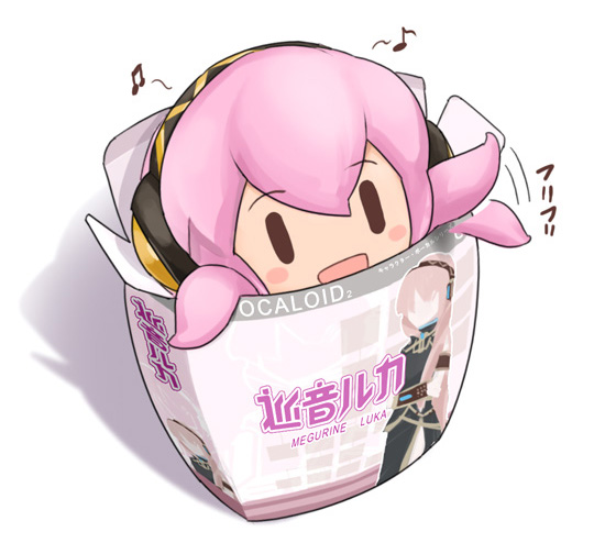 usatarou, megurine luka, takoluka, vocaloid, box, chibi, headphones, in container, no humans, pink hair, tentacles, waving, | |