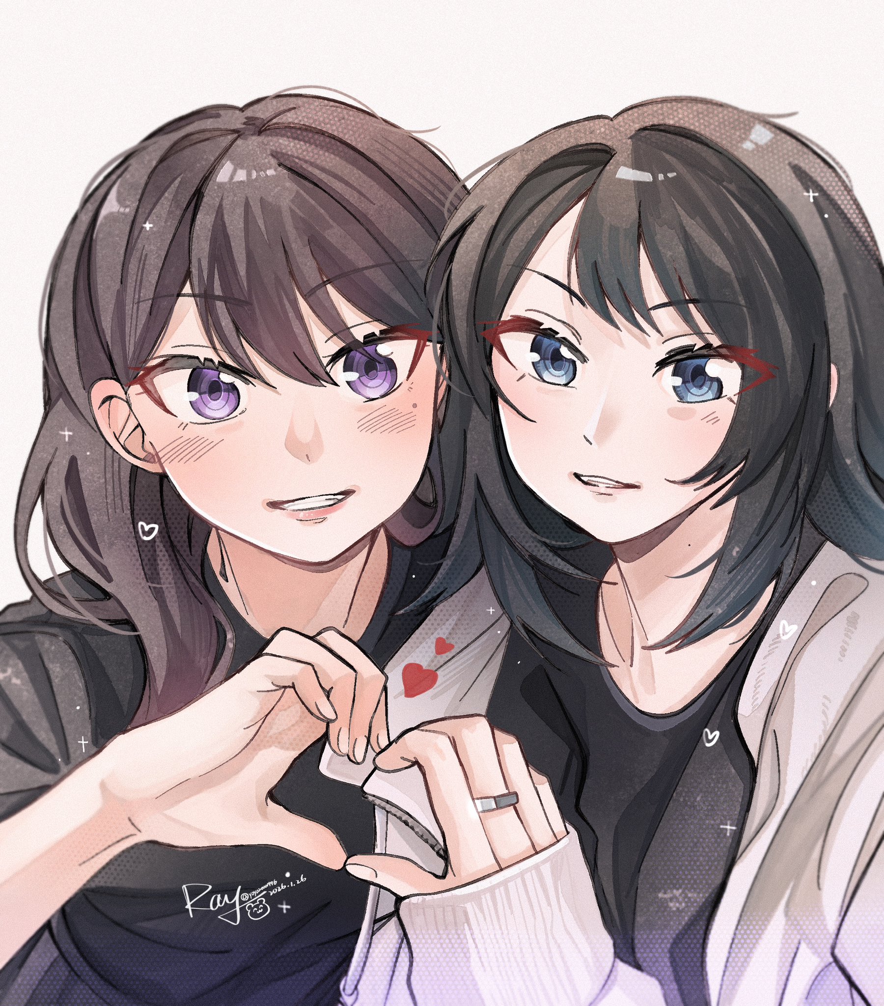 yoyoray20001996, shiina taki, yahata umiri, bang dream!, bang dream! it's mygo!!!!!, chinese commentary, commentary request, highres, photo-referenced, 2girls, black hair, black shirt, blue eyes, blush, brown hair, grey background, heart, heart hands, heart hands duo, long hair, looking at viewer, mole, mole on neck, multiple girls, open mouth, purple eyes, shirt, simple background, upper body