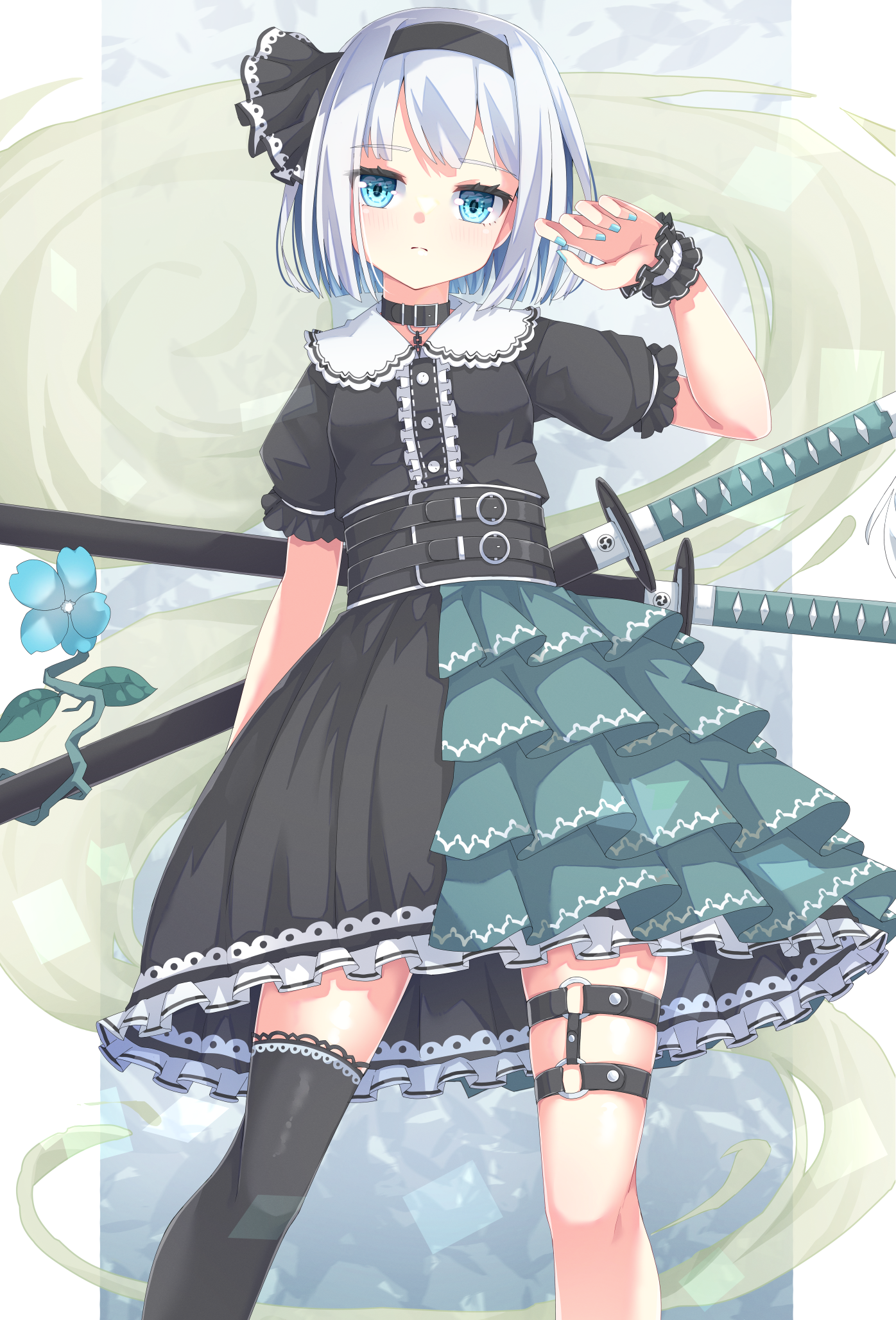 uumaru, konpaku youmu, konpaku youmu (ghost), touhou, commentary request, highres, 1girl, alternate costume, belt, black belt, black choker, black dress, black hairband, black thighhighs, blue eyes, blue flower, breasts, choker, closed mouth, cowboy shot, dress, flower, grey hair, hairband, hitodama, looking at viewer, medium hair, multiple belts, multiple swords, o-ring, o-ring thigh strap, puffy short sleeves, puffy sleeves, sheath, sheathed, short sleeves, single thighhigh, small breasts, solo, sword, sword on back, thigh strap, thighhighs, weapon, weapon on back, wrist cuffs