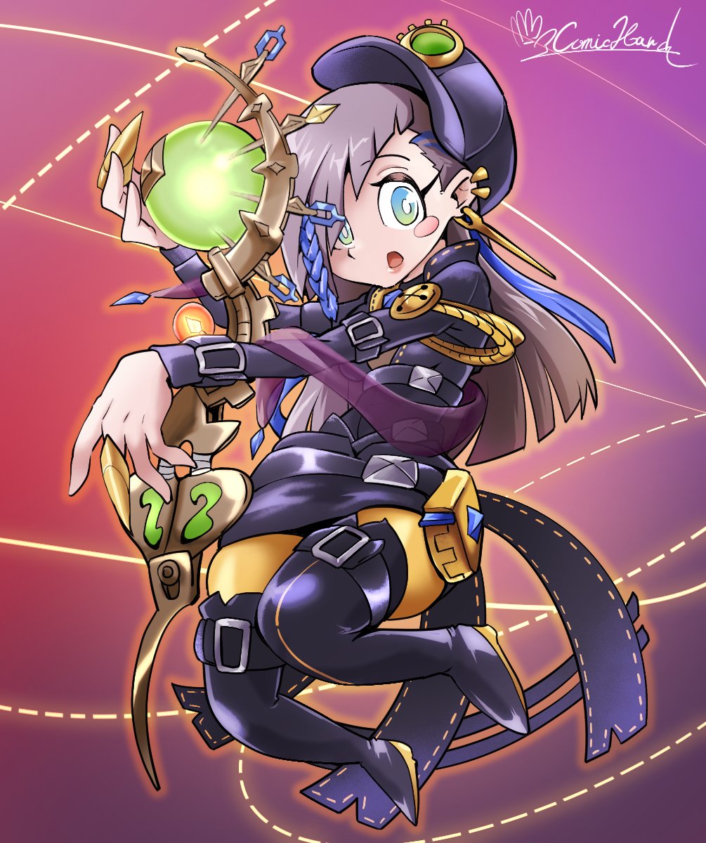 comic hand, yu-gi-oh!, character request, commentary request, highres, 1girl, black boots, black dress, black hat, blush stickers, boots, dress, duel monster, earrings, full body, green eyes, grey hair, hat, jewelry, long hair, purple background, signature, solo, thigh boots