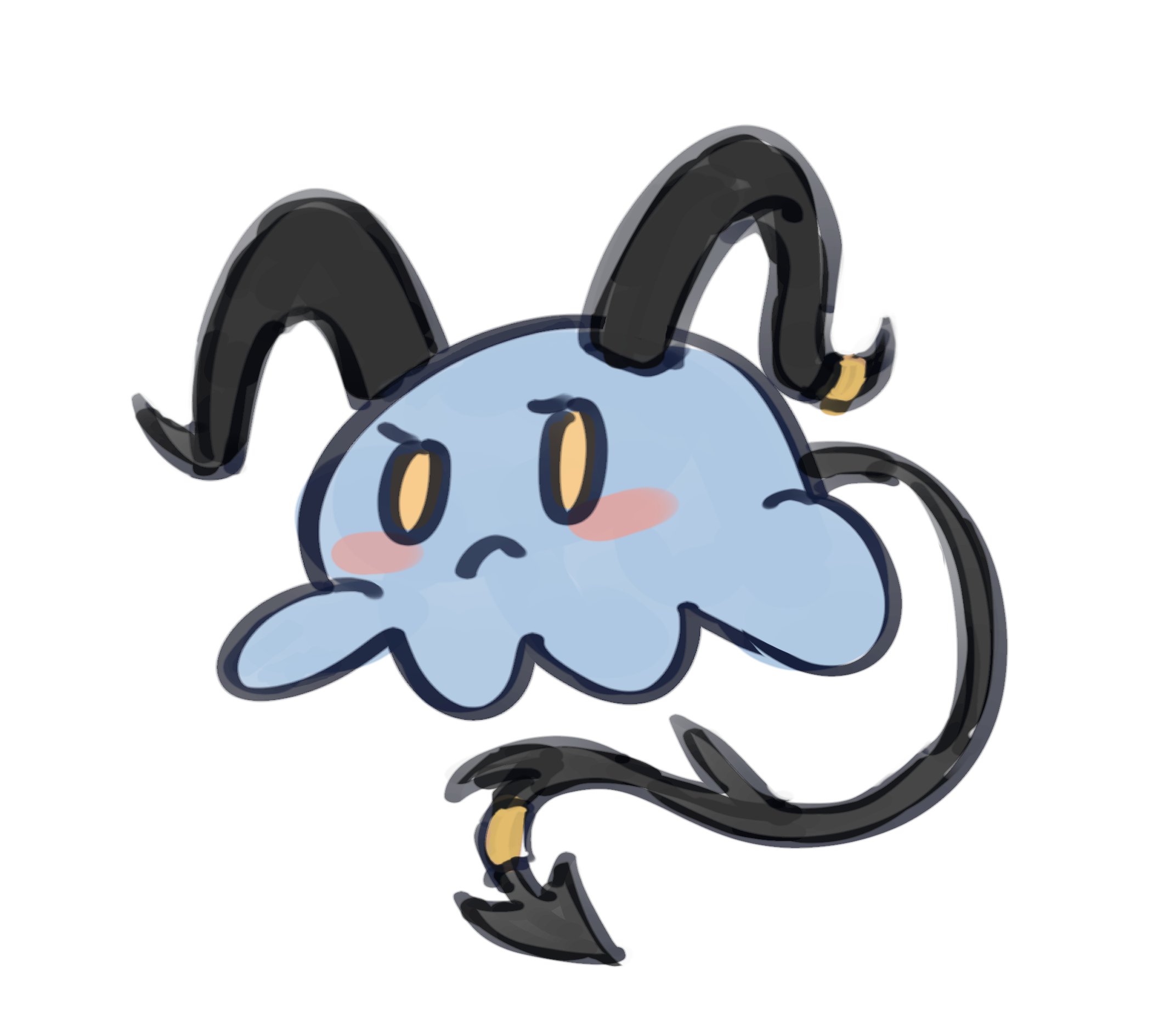 yukikuma (yukikuma 018), togawa sakiko, togawa sakiko (master of melodia), arknights, bang dream!, bang dream! it's mygo!!!!!, highres, :<, animal, animal focus, animalization, black horns, black tail, blush stickers, chibi, chibi only, closed mouth, curled horns, demon horns, demon tail, full body, glaring, horn ornament, horn ring, horns, looking at viewer, no humans, octopus, simple background, solo, spiked tail, spikes, tail, tail ornament, tail ring, white background, yellow eyes