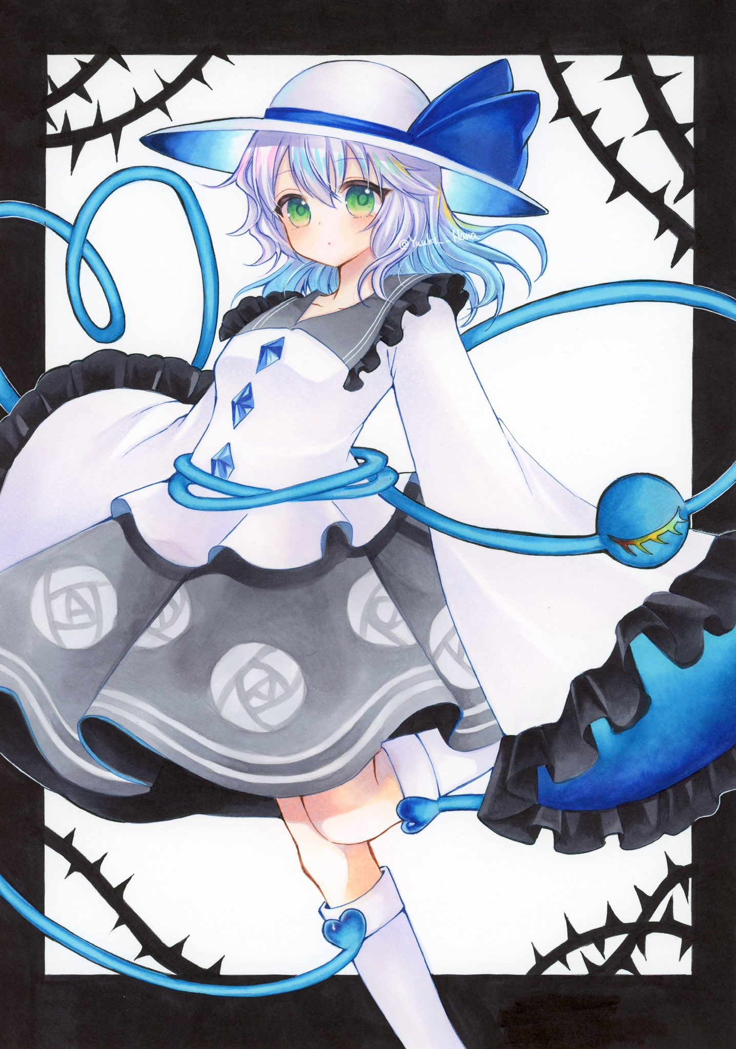 yuuki hana (jtnp5334), komeiji koishi, komeiji koishi (spontaneous white beauty), touhou, touhou lostword, commentary, highres, 1girl, alternate color, alternate hair color, black border, blue hair, blue ribbon, boots, border, collared shirt, eyeball, floral print, frilled shirt collar, frilled sleeves, frills, gradient hair, green eyes, grey skirt, hat, hat ribbon, heart, heart of string, knee boots, leg up, long hair, long sleeves, multicolored hair, plant, print skirt, ribbon, rose print, shirt, skirt, sleeves past fingers, sleeves past wrists, solo, third eye, thorns, vines, white boots, white hair, white shirt, wide sleeves