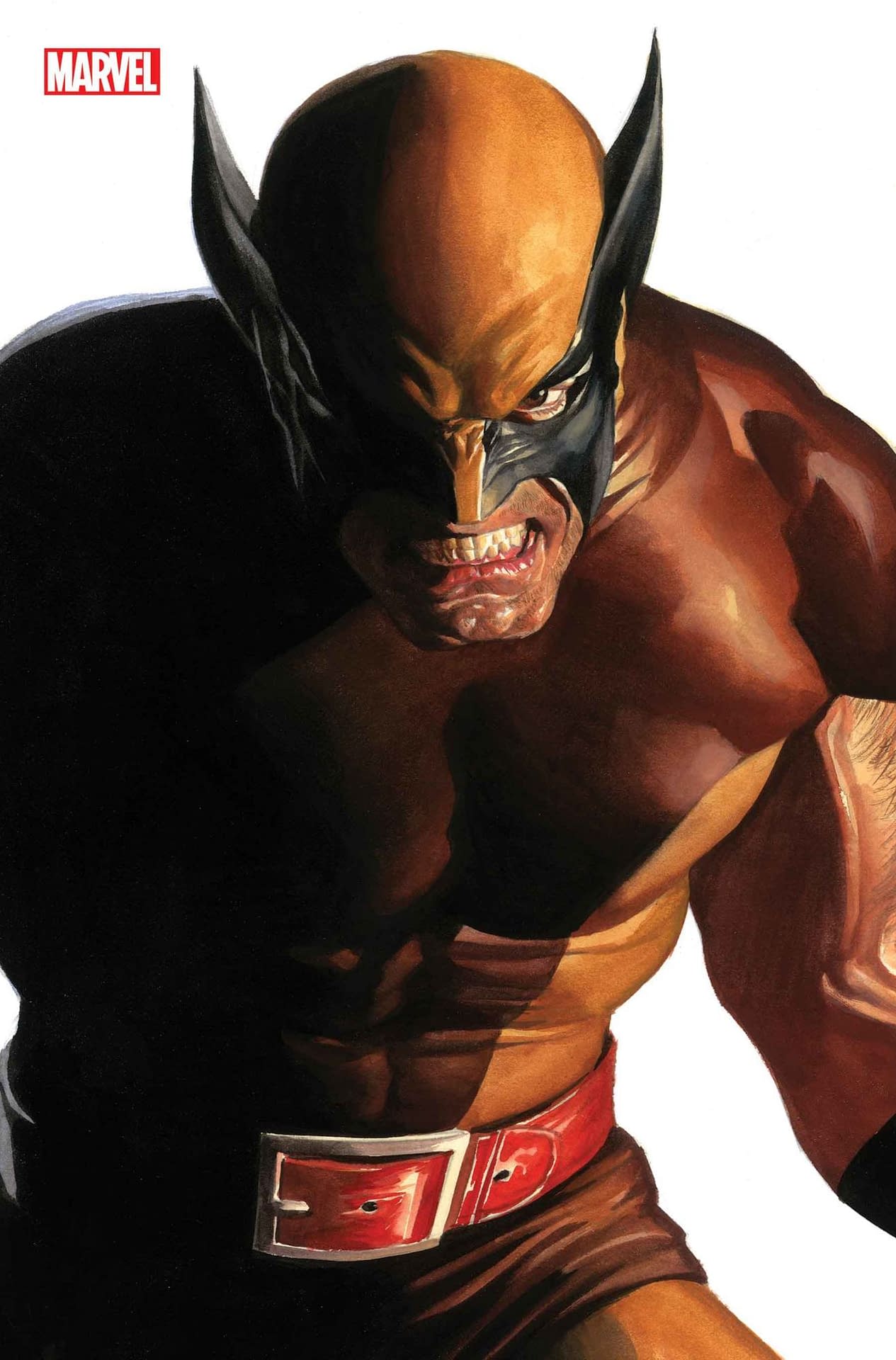 alex ross, wolverine (x-men), marvel, x-men, comic cover, highres, official art, third-party source, 1boy, angry, arm hair, belt, bodysuit, brown bodysuit, brown eyes, brown gloves, clenched teeth, company name, cover, cover page, cowl, gloves, looking at viewer, male focus, mature male, multicolored bodysuit, muscular, muscular male, one eye in shadow, realistic, red belt, solo, superhero costume, teeth, two-tone bodysuit, upper body, veins, veiny arms, western comics (style), white background, yellow bodysuit