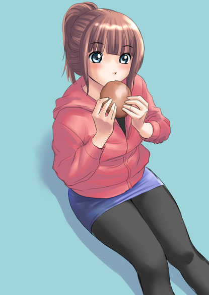 fumi, kiso fumihiro, 1girl, blue eyes, brown eyes, brown hair, eating, female focus, food, hood, hoodie, miniskirt, pantyhose, pencil skirt, ponytail, skirt, solo