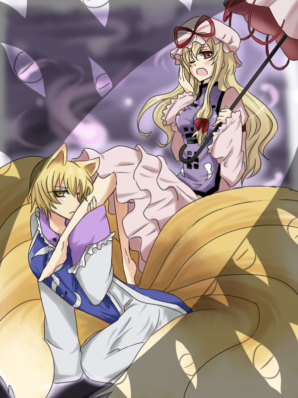 rumia (compacthuman), yakumo ran, yakumo yukari, touhou, 2girls, animal ears, barefoot, blonde hair, earrings, female focus, fox tail, hat, jewelry, long hair, multiple girls, multiple tails, red eyes, short hair, tail, yawning, yellow eyes