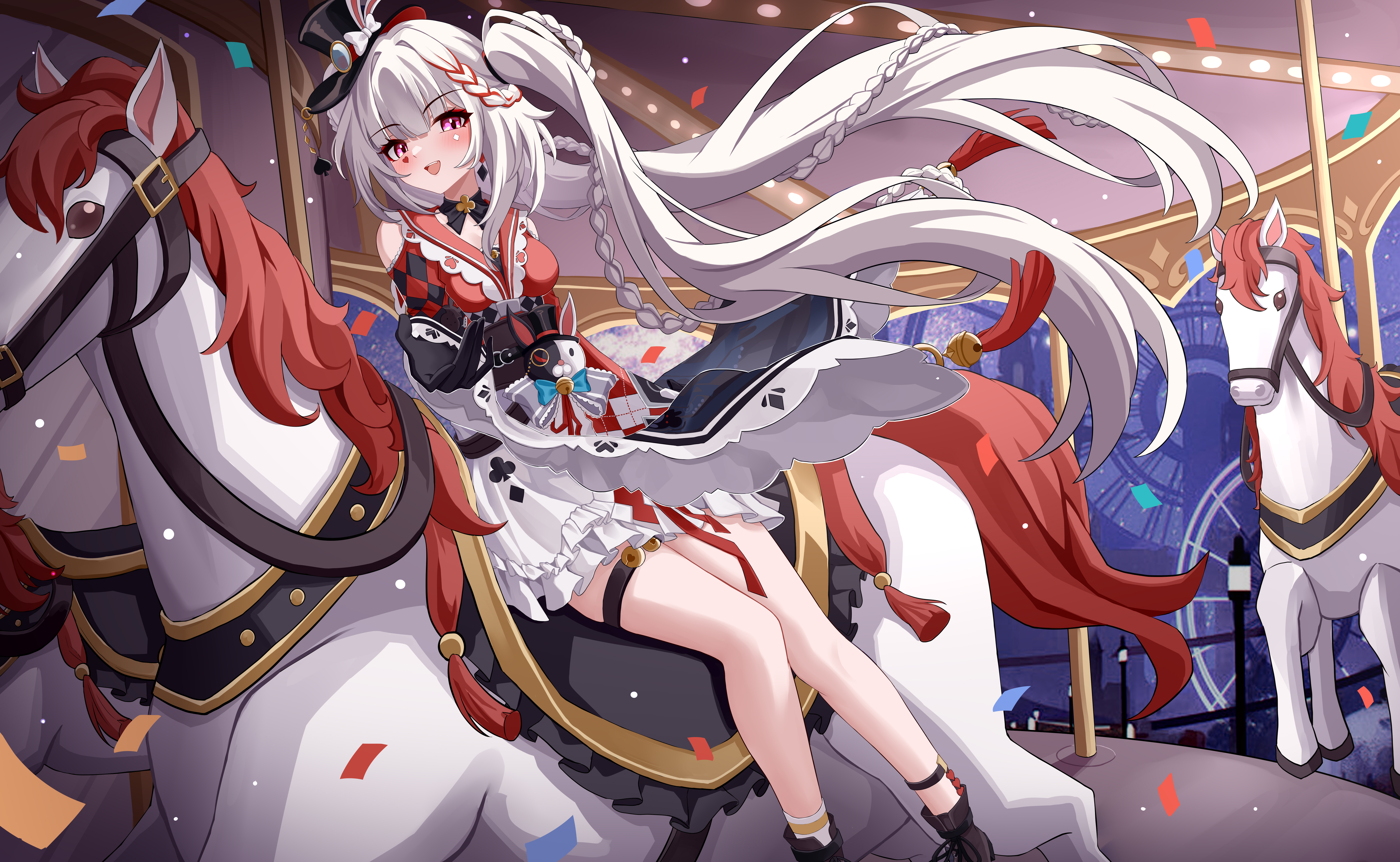 aichinaigai, sparkle (honkai: star rail), sparxie (honkai: star rail), honkai: star rail, honkai (series), absurdres, commentary request, highres, 1girl, black gloves, black hat, blush, braid, breasts, carousel, gloves, hat, long hair, looking at viewer, medium breasts, open mouth, pink eyes, rabbit, reaching, reaching towards viewer, smile, solo, thigh strap, tilted headwear, top hat, twin braids, twintails, very long hair, white hair