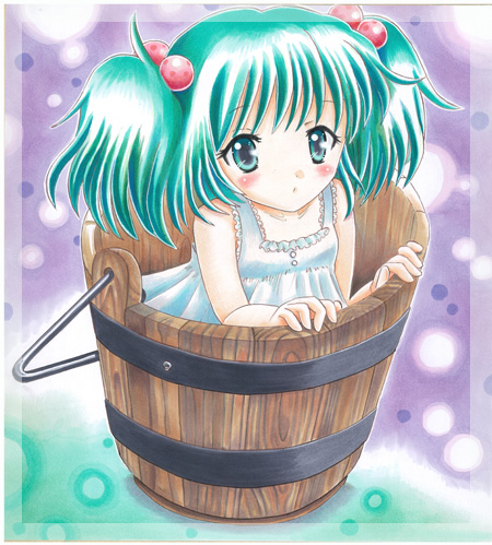 makimakiringo50, kisume, touhou, bad id, bad pixiv id, colored pencil (medium), lowres, marker (medium), pastel (medium), traditional media, 1girl, aqua eyes, aqua hair, bucket, dress, female focus, hair bobbles, hair ornament, in bucket, in container, solo, twintails