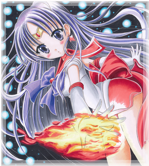 makimakiringo50, hino rei, sailor mars, bishoujo senshi sailor moon, bad id, bad pixiv id, colored pencil (medium), marker (medium), pastel (medium), traditional media, 1990s (style), 1girl, black hair, elbow gloves, female focus, fire, foreshortening, gloves, long hair, magical girl, purple eyes, red skirt, retro artstyle, skirt, solo, white gloves