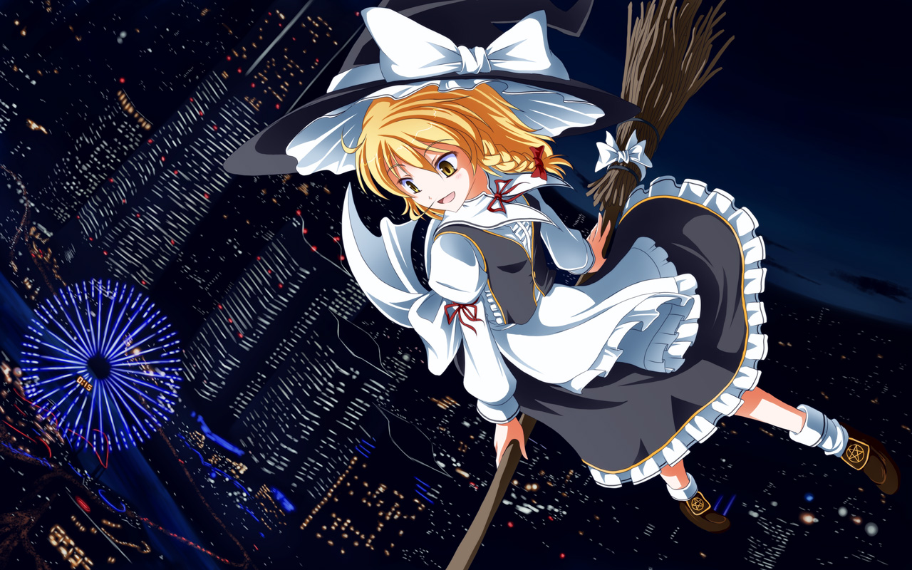 tri, kirisame marisa, touhou, bad id, bad pixiv id, duplicate, 1girl, blonde hair, braid, broom, city, female focus, hat, night, solo, witch hat, yellow eyes