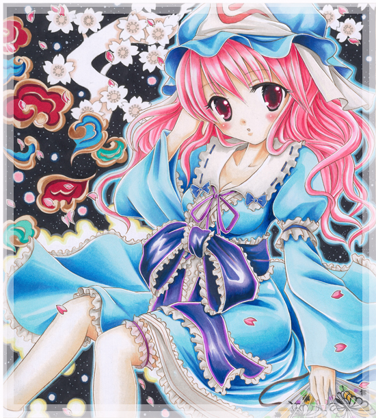 makimakiringo50, saigyouji yuyuko, touhou, bad id, bad pixiv id, colored pencil (medium), marker (medium), pastel (medium), traditional media, 1girl, alternate hairstyle, breasts, cherry blossoms, cleavage, female focus, frills, hand fan, hat, long hair, petals, pink eyes, pink hair, solo