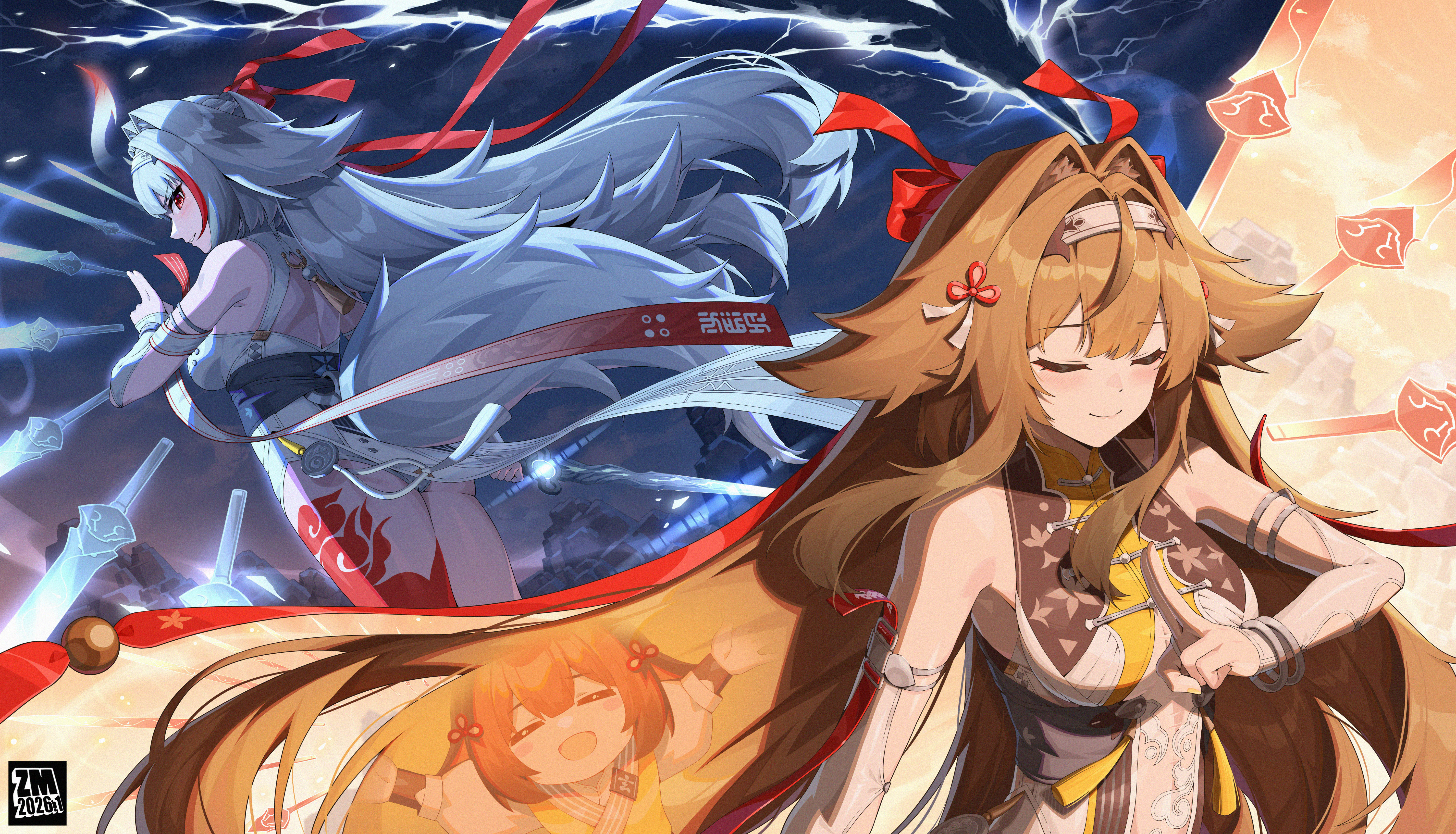 jfzm001, ye shunguang, zenless zone zero, absurdres, commentary request, highres, 2girls, alternate form, animal ears, armlet, bare shoulders, black hair, blush, breasts, brown hair, china dress, chinese clothes, cleavage, closed mouth, detached sleeves, dress, droopy ears, foot out of frame, gradient hair, hair intakes, hair ornament, hairband, horse girl, horse tail, jewelry, leg tattoo, long hair, looking at viewer, medium breasts, multicolored hair, multiple girls, red eyes, red hair, red ribbon, ribbon, silver armlet, sleeveless, sleeveless dress, smile, streaked hair, sword, tail, tattoo, thighs, very long hair, weapon, white dress, white hair, white hairband, white tail