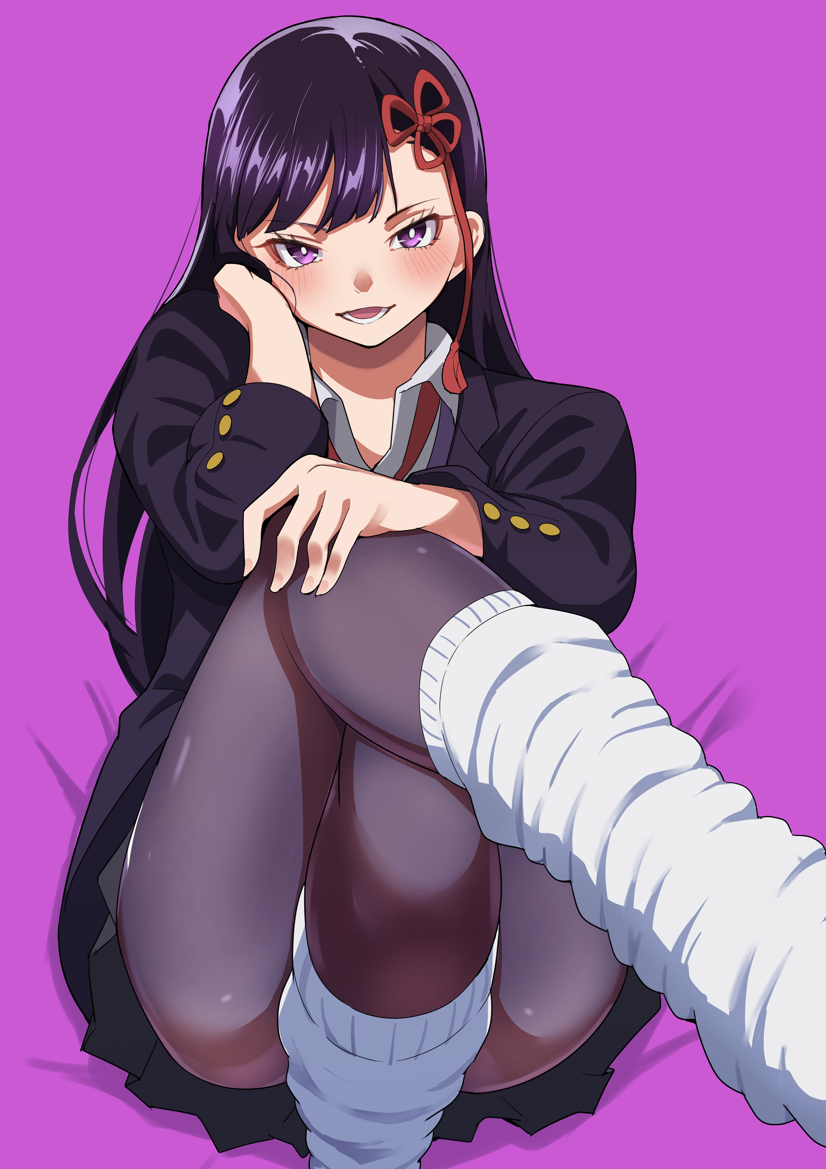 yamada otonari, yamashiro ren, mato seihei no slave, absurdres, commentary request, highres, 1girl, adapted costume, bed sheet, black pantyhose, black skirt, blazer, blush, crossed legs, feet out of frame, hair ribbon, hand in own hair, hand on own knee, hand up, jacket, kneehighs, long hair, long sleeves, looking at viewer, loose socks, miniskirt, neck ribbon, open mouth, pantyhose, pleated skirt, purple background, purple eyes, purple hair, purple jacket, red ribbon, ribbon, skirt, socks, solo, thighs, white socks