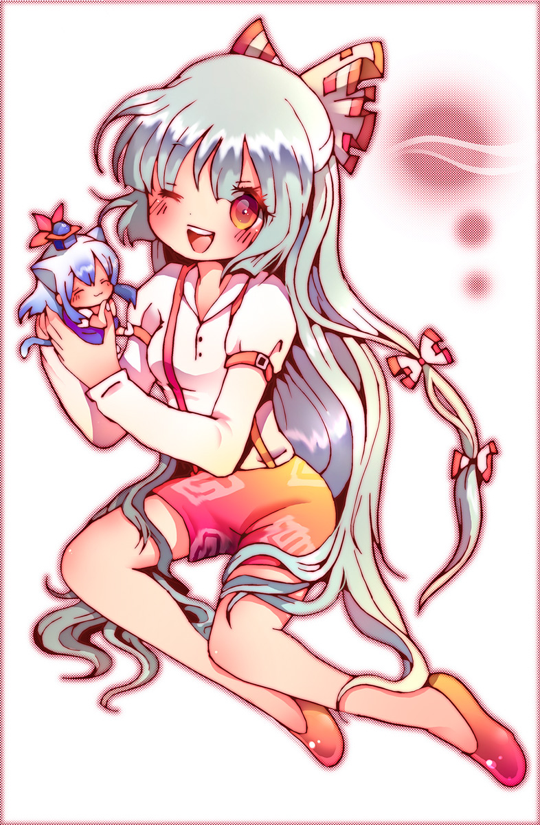 koroneri, fujiwara no mokou, kamishirasawa keine, touhou, highres, 2girls, animal ears, blouse, cat ears, cat girl, cat tail, chibi, female focus, full body, kemonomimi mode, long hair, mini person, minigirl, multiple girls, one eye closed, shirt, sitting, tail, very long hair, white background, white shirt, wink