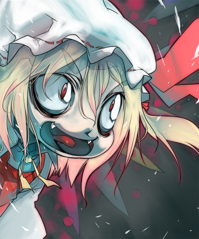 tokomichi, flandre scarlet, touhou, 1girl, crazy eyes, creepy, fang, fangs, female focus, horror (theme), open mouth, portrait, short hair, solo, tongue, wide face