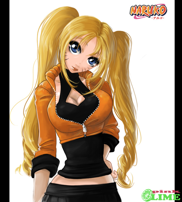 pink-lime, naruko (naruto), uzumaki naruto, naruto (classic), naruto (series), katakana, translated, 1girl, black shirt, blonde hair, blue eyes, breasts, character name, cleavage, cleavage cutout, closed mouth, clothing cutout, collarbone, facial mark, facing viewer, female focus, genderswap, genderswap (mtf), hand on own hip, jacket, japanese text, large breasts, long hair, looking at viewer, midriff, orange jacket, partially unzipped, shirt, solo, standing, twintails, whisker markings, whiskers, white background, zipper, zipper pull tab