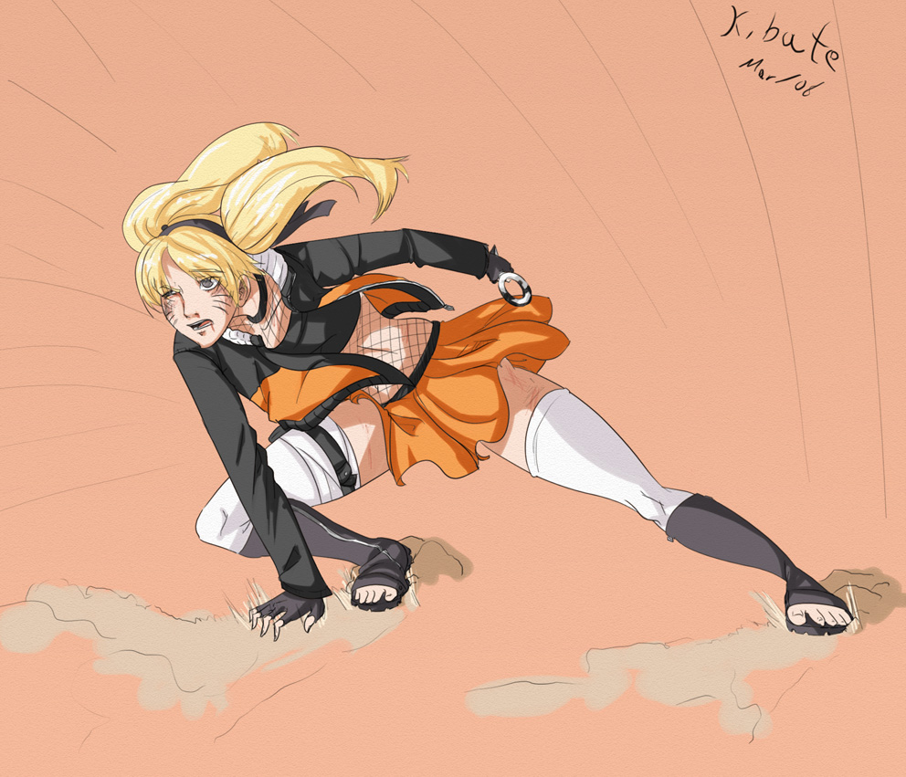 kibate, naruko (naruto), uzumaki naruto, naruto (classic), naruto (series), naruto shippuuden, 1girl, arm support, artist name, bandages, battle, black hairband, black jacket, black tube top, blonde hair, blue eyes, boots, breasts, bruise, dated, determined, facial mark, female focus, fight, fingerless gloves, fishnet top, fishnets, floating hair, full body, genderswap, genderswap (mtf), gloves, hair ornament, hairband, hand on ground, holding, holding knife, holding kunai, holding weapon, injury, jacket, knife, kunai, long hair, looking to the side, medium breasts, midriff, multicolored jacket, ninja, one eye closed, open clothes, open jacket, open mouth, open toe boots, orange jacket, orange skirt, sandals, shirt, skirt, sliding, solo, strapless, teeth, thigh strap, thighhighs, tongue, tube top, twintails, weapon, whisker markings, whiskers, white jacket, white thighhighs, wide stance