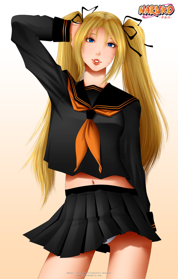 naruko (naruto), uzumaki naruto, naruto (classic), naruto (series), katakana, translated, 1girl, arm up, black ribbon, black serafuku, black shirt, black skirt, blonde hair, blue eyes, blush, breasts, character name, cowboy shot, facial mark, facing viewer, female focus, genderswap, genderswap (mtf), hair between eyes, hair ornament, hair ribbon, hair tie, hand in own hair, hand on own head, hand up, happy, japanese text, large breasts, long hair, long sleeves, looking at viewer, midriff, miniskirt, multicolored shirt, navel, neckerchief, omega knight (artist), orange neckerchief, orange ribbon, orange shirt, panties, pantyshot, parted lips, pleated skirt, ribbon, sailor collar, school uniform, serafuku, shirt, skirt, smile, solo, standing, stomach, teeth, twintails, underwear, upskirt, whisker markings, whiskers, white panties