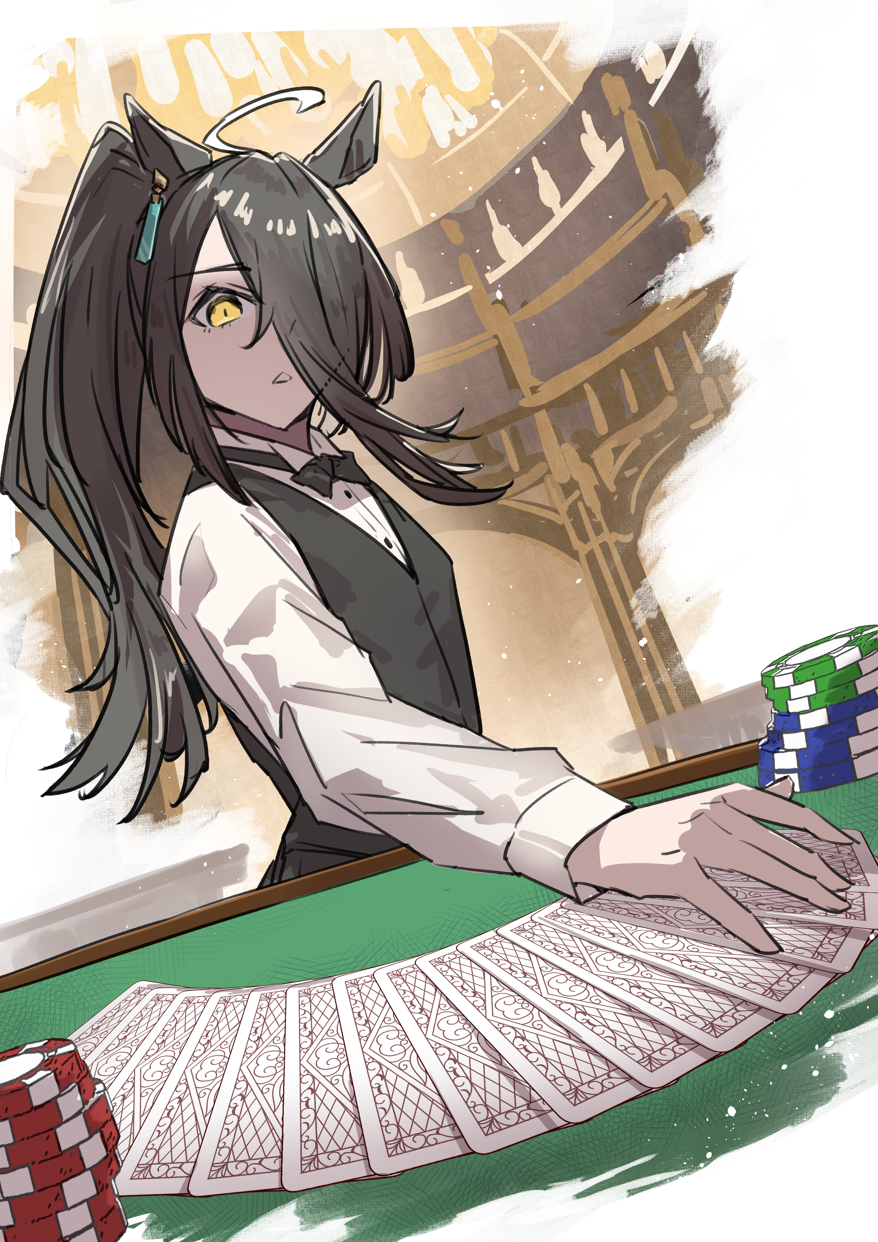 mitsune (3chune), manhattan cafe (umamusume), umamusume, absurdres, commentary request, highres, 1girl, ahoge, animal ears, black bow, black bowtie, black hair, black pants, black vest, bow, bowtie, card, casino, casino card table, ear tag, earrings, gambling, hair between eyes, horse ears, horse girl, jewelry, long bangs, long hair, long hair between eyes, long sleeves, looking at viewer, multicolored hair, pants, playing card, poker chip, poker table, ponytail, shirt, single earring, solo, table, very long hair, vest, white hair, white shirt, yellow eyes
