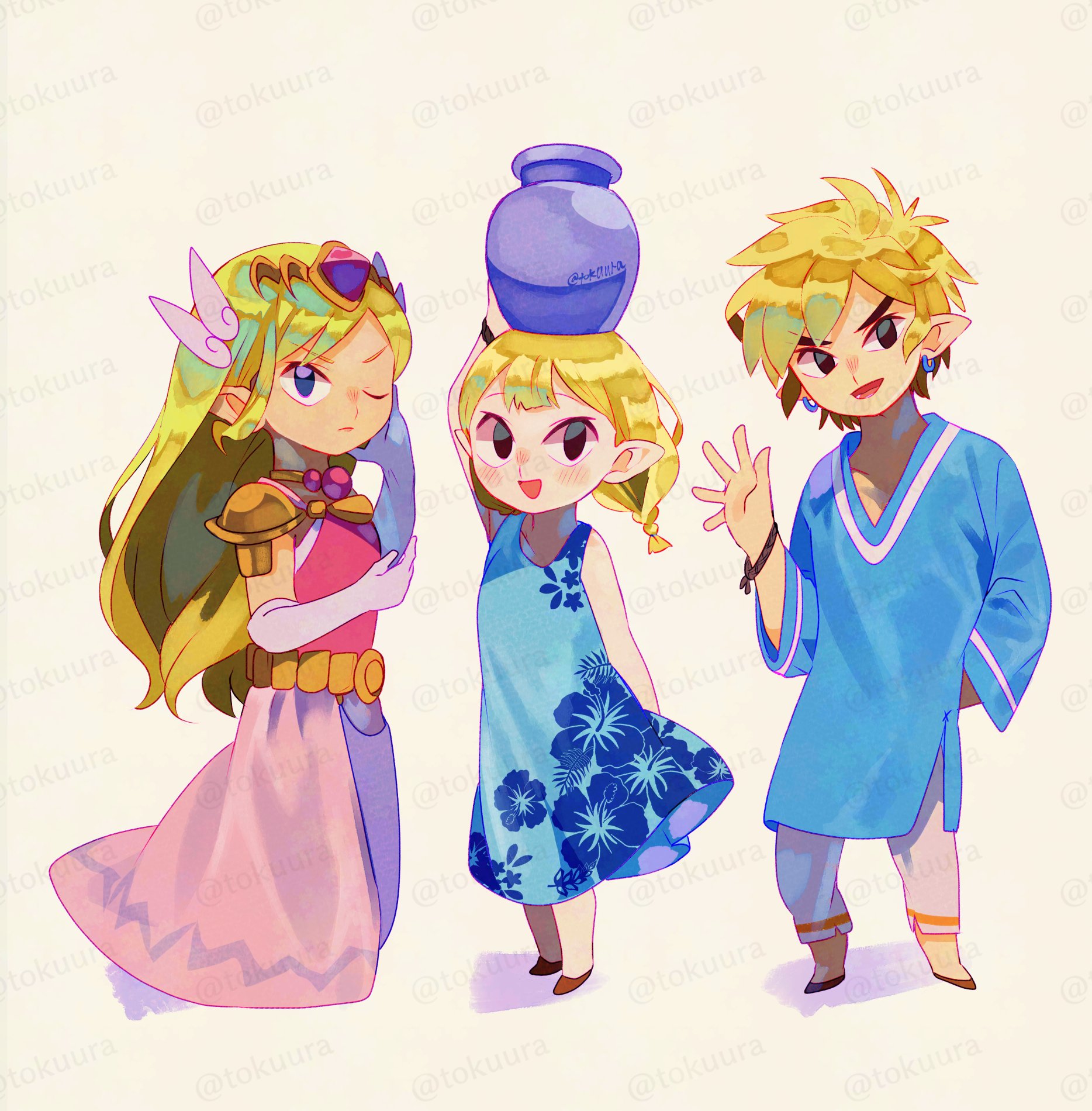 tokuura, aryll, link, princess zelda, toon link, toon zelda, nintendo, the legend of zelda, the legend of zelda: the wind waker, adversarial noise, commentary request, highres, 1boy, 2girls, armor, bare shoulders, black eyes, blonde hair, blue dress, blue shirt, brother and sister, closed mouth, dress, earrings, elbow gloves, floral print, floral print dress, full body, gloves, jewelry, long hair, looking at viewer, multiple girls, necklace, one eye closed, open mouth, pants, pink dress, pink gloves, pointy ears, pot on head, print dress, shirt, short hair, shoulder armor, siblings, sleeveless, sleeveless dress, smile, standing, tiara, watermark, watermark grid, waving, white pants, yellow background