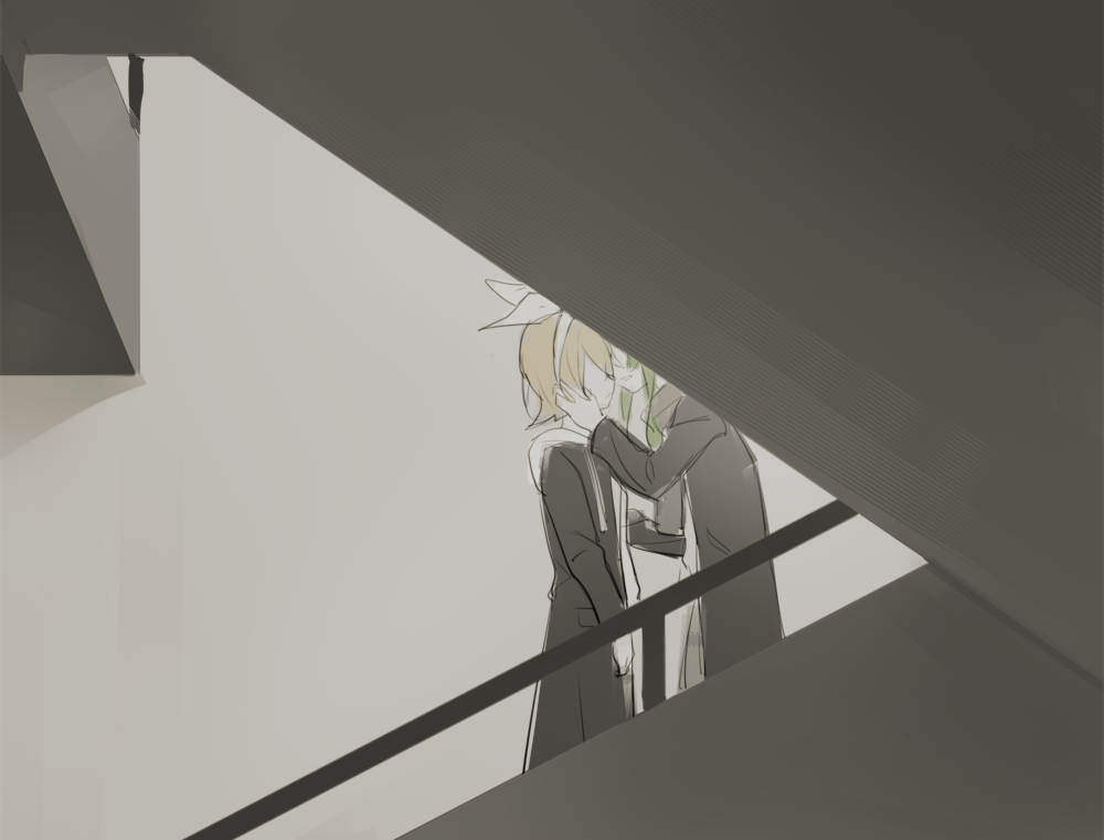 wounds404, gumi, kagamine rin, vocaloid, commentary request, 2girls, black coat, blonde hair, bow, coat, face-to-face, green hair, hair bow, hairband, hand on another's face, hood, hooded jacket, jacket, looking at another, multiple girls, parted lips, railing, shirt, short hair, smile, stairs, white bow, white hairband, white shirt