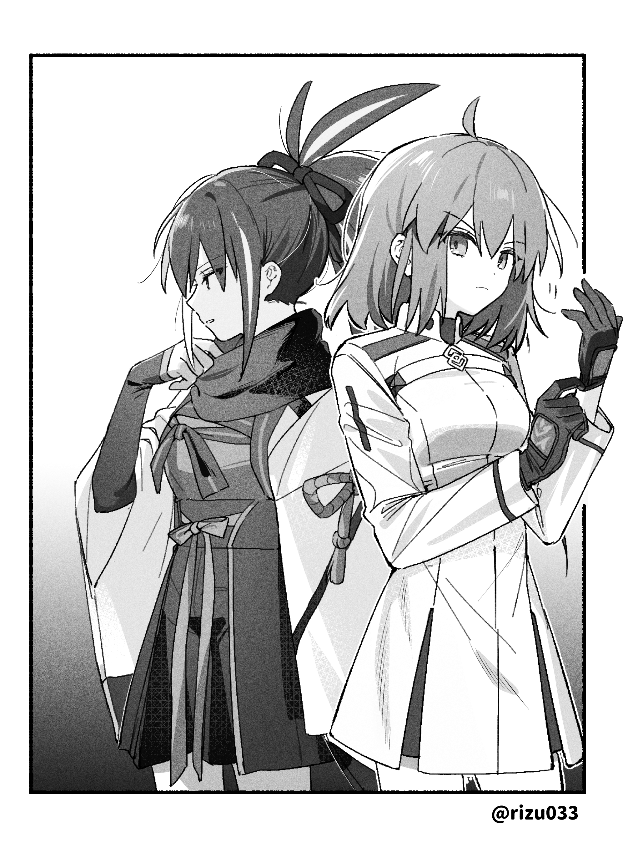 rizu033, fujimaru ritsuka (female), fujimaru ritsuka (female) (decisive battle chaldea uniform), kawakami gensai (fate), kawakami gensai (first ascension) (fate), fate/grand order, fate (series), absurdres, highres, 2girls, black gloves, black scarf, chaldea logo, chest ribbon, command spell, dress, gloves, greyscale, hair down, haori, jacket, japanese clothes, long sleeves, monochrome, multicolored hair, multiple girls, neck warmer, ponytail, scarf, streaked hair, twitter username, white dress, white haori, white jacket, wide sleeves