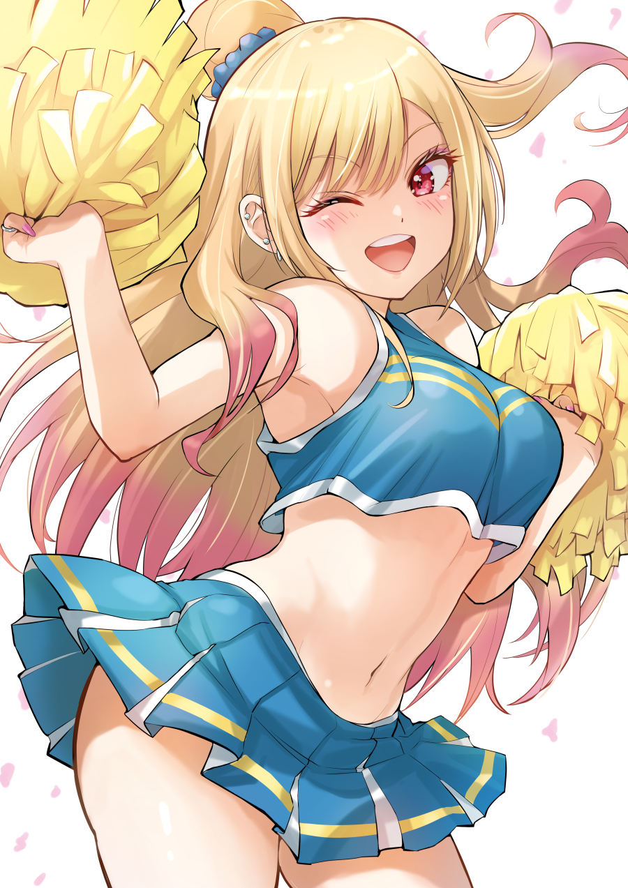 pariya 0001, kitagawa marin, sono bisque doll wa koi wo suru, commentary request, highres, 1girl, alternate costume, alternate hairstyle, blue scrunchie, blue shirt, blue skirt, blush, breasts, cheerleader, colored tips, cowboy shot, crop top, cropped shirt, ear piercing, earrings, falling petals, hair ornament, hair scrunchie, hands up, holding, holding pom poms, jewelry, long hair, looking at viewer, medium breasts, miniskirt, multicolored hair, navel, one eye closed, open mouth, petals, piercing, pleated skirt, pom pom (cheerleading), pom poms, scrunchie, shirt, simple background, skirt, sleeveless, sleeveless shirt, smile, solo, teeth, thick thighs, thighs, upper teeth only, white background