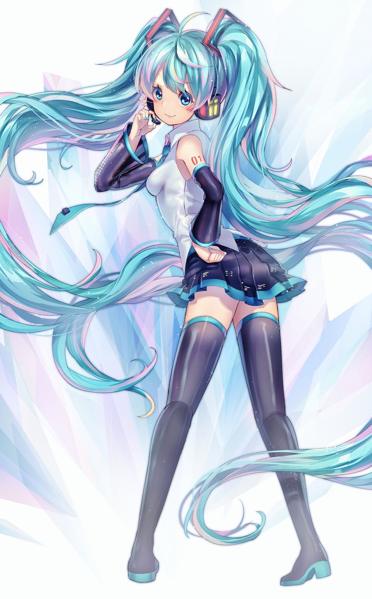 komadori ui, hatsune miku, vocaloid, commentary request, highres, 1girl, absurdly long hair, aqua eyes, aqua hair, aqua nails, aqua necktie, aqua trim, arm tattoo, bare shoulders, black boots, black skirt, black sleeves, blush, boots, breasts, closed mouth, collared shirt, detached sleeves, fingernails, from behind, full body, grey shirt, hair between eyes, hair ornament, headset, long hair, long sleeves, looking at viewer, looking back, medium breasts, miniskirt, multicolored hair, nail polish, necktie, pink hair, pleated skirt, shirt, skirt, sleeveless, sleeveless shirt, small breasts, smile, solo, standing, streaked hair, tattoo, thick thighs, thigh boots, thighhighs, thighs, tie clip, twintails, very long hair, zettai ryouiki