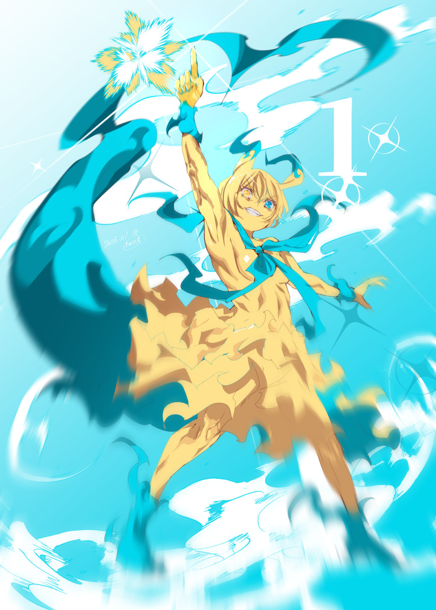 nyuu (manekin-eko), commentary request, highres, 1girl, aqua eyes, arm up, breasts, chikeflare, colored skin, heterochromia, index finger raised, looking at viewer, motion blur, motion lines, pointing, pointing up, small breasts, smile, solo, sparkle, yarimono (game), yellow eyes, yellow skin