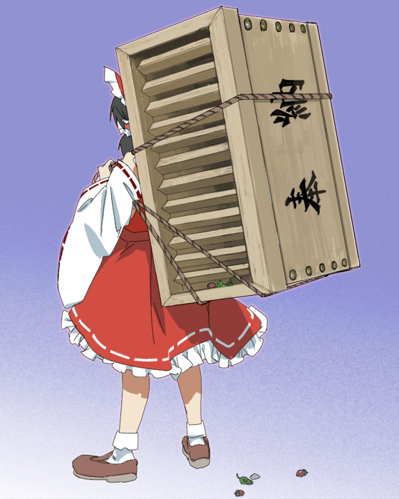 tonbi, hakurei reimu, touhou, bad id, bad pixiv id, 1girl, back, box, donation box, female focus, full body, gradient background, japanese clothes, miko, solo
