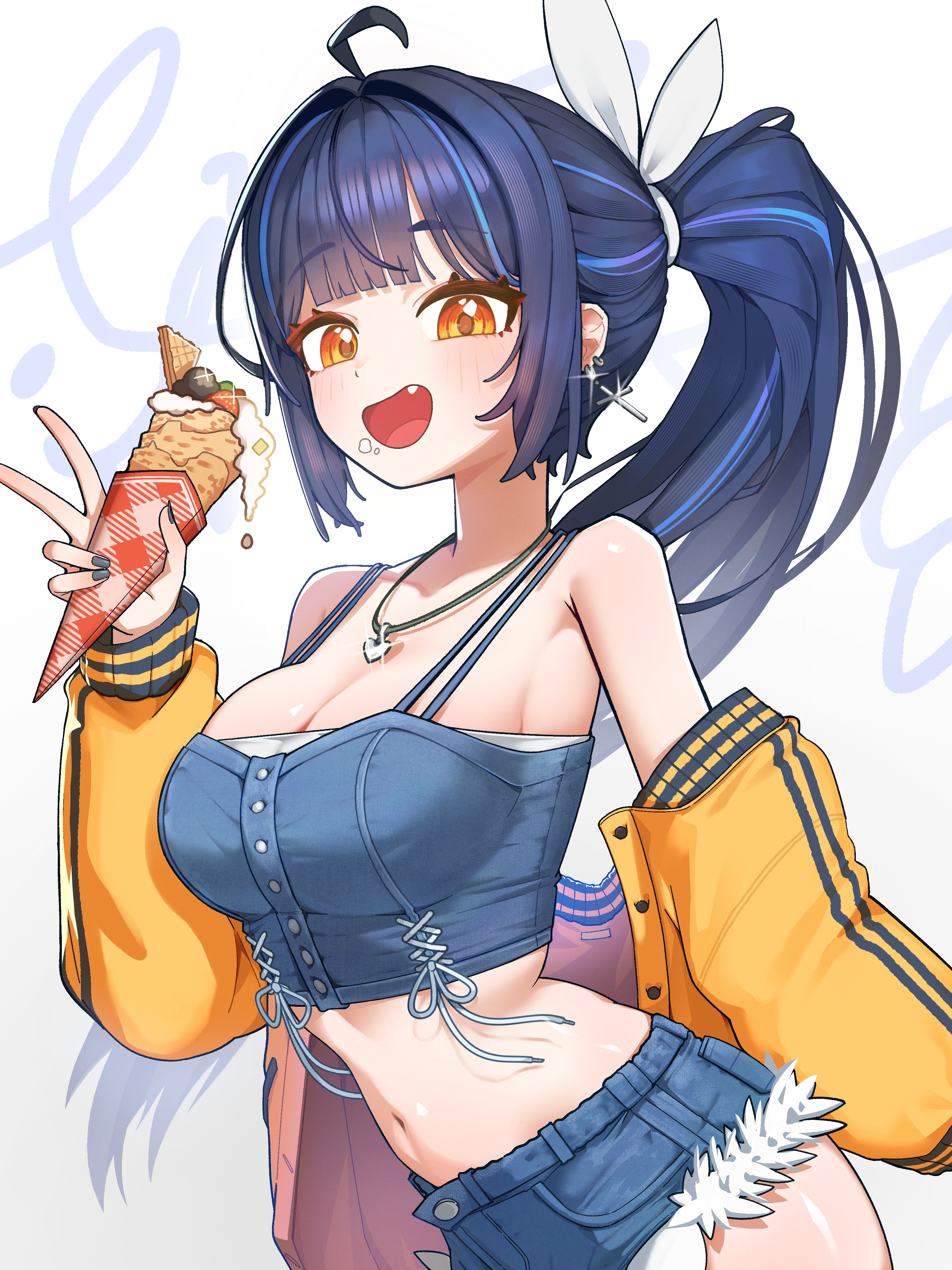 shin dohan, lilpa, waktaverse, absurdres, commentary, highres, korean commentary, 1girl, :d, ahoge, bare shoulders, black hair, blue hair, blue shirt, blue shorts, blush, breasts, camisole, cleavage, cowboy shot, crepe, crop top, cross, cutoffs, denim, denim shorts, earrings, fang, food, food on face, hair ribbon, holding, holding food, ice cream, ice cream cone, jacket, jewelry, large breasts, long hair, long sleeves, looking at viewer, micro shorts, midriff, mole, multicolored hair, nail polish, navel, necklace, off shoulder, open clothes, open jacket, open mouth, orange eyes, ponytail, ribbon, shirt, short shorts, shorts, sleeveless, sleeveless shirt, smile, solo, spaghetti strap, stomach, streaked hair, v, virtual youtuber, white background, yellow eyes, yellow jacket
