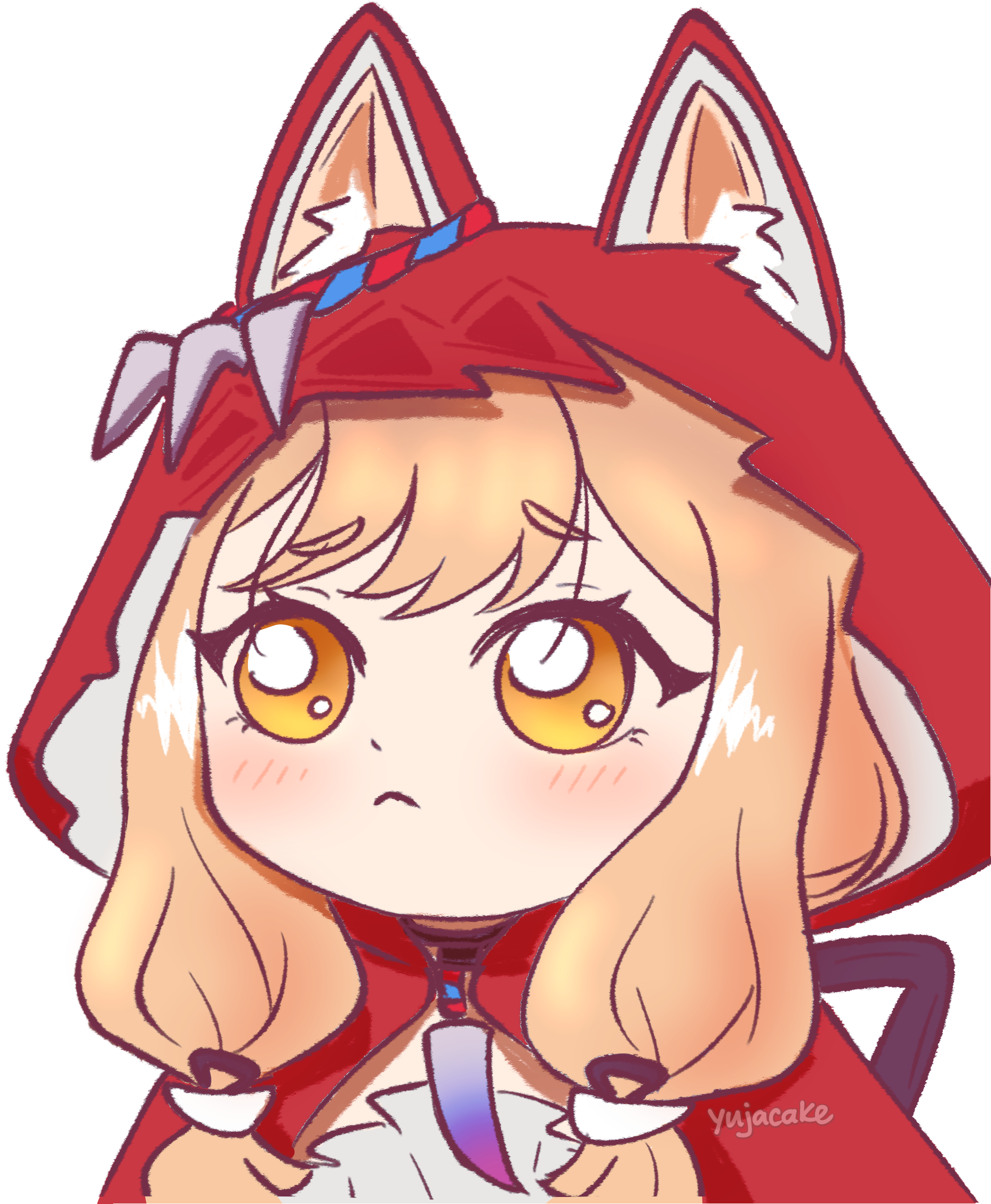yujacake, rossi (arknights), arknights, arknights: endfield, commentary, english commentary, highres, 1girl, animal ear fluff, animal ears, blonde hair, cape, closed mouth, dress, ears through headwear, hood, hood up, hooded cape, red cape, solo, white dress, wolf ears, wolf girl, yellow eyes