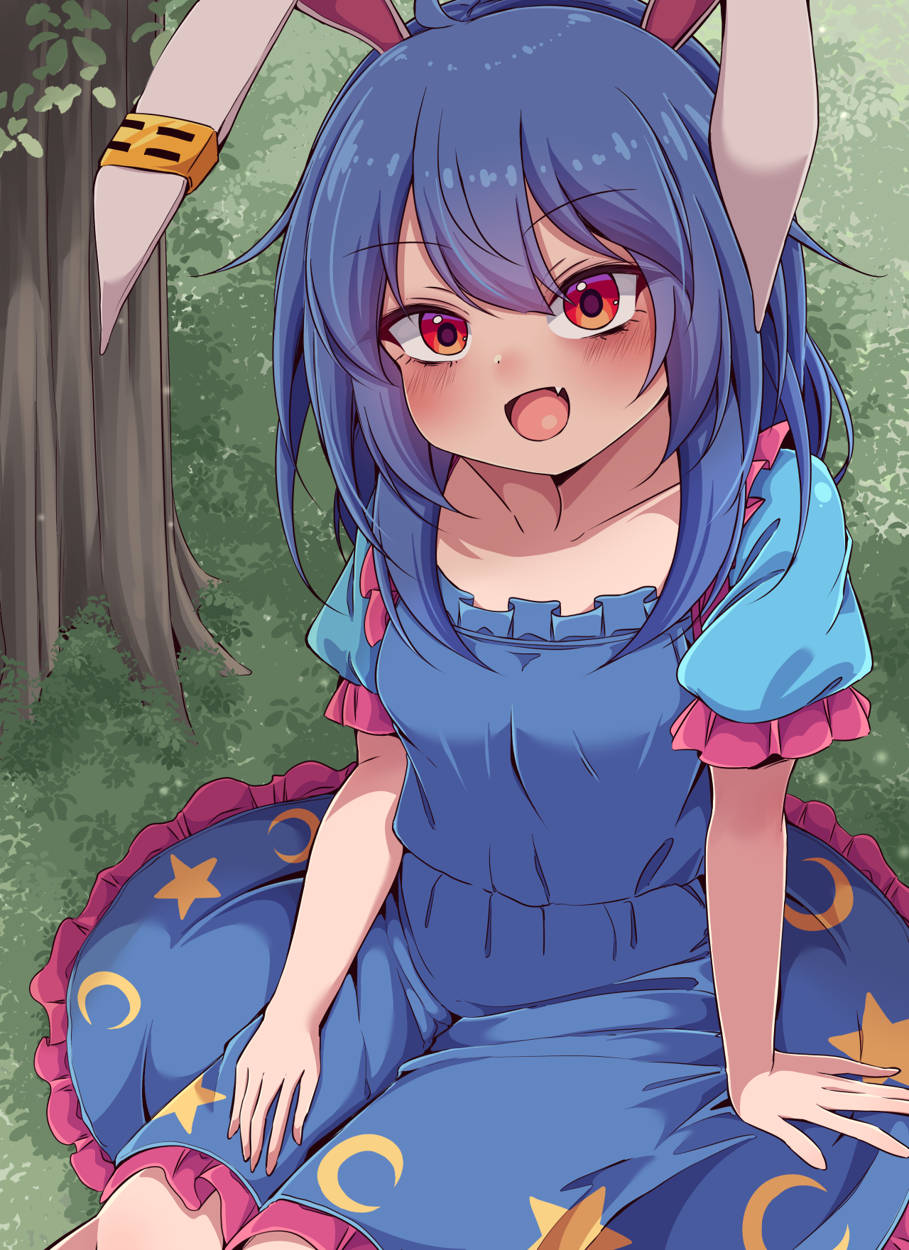siw0n, seiran (touhou), touhou, commentary request, highres, 1girl, animal ears, blue dress, blue hair, blush, collarbone, crescent print, dress, earclip, fang, long hair, looking at viewer, open mouth, outdoors, print dress, puffy short sleeves, puffy sleeves, rabbit ears, rabbit girl, red eyes, short sleeves, sitting, skin fang, smile, solo, star (symbol), star print