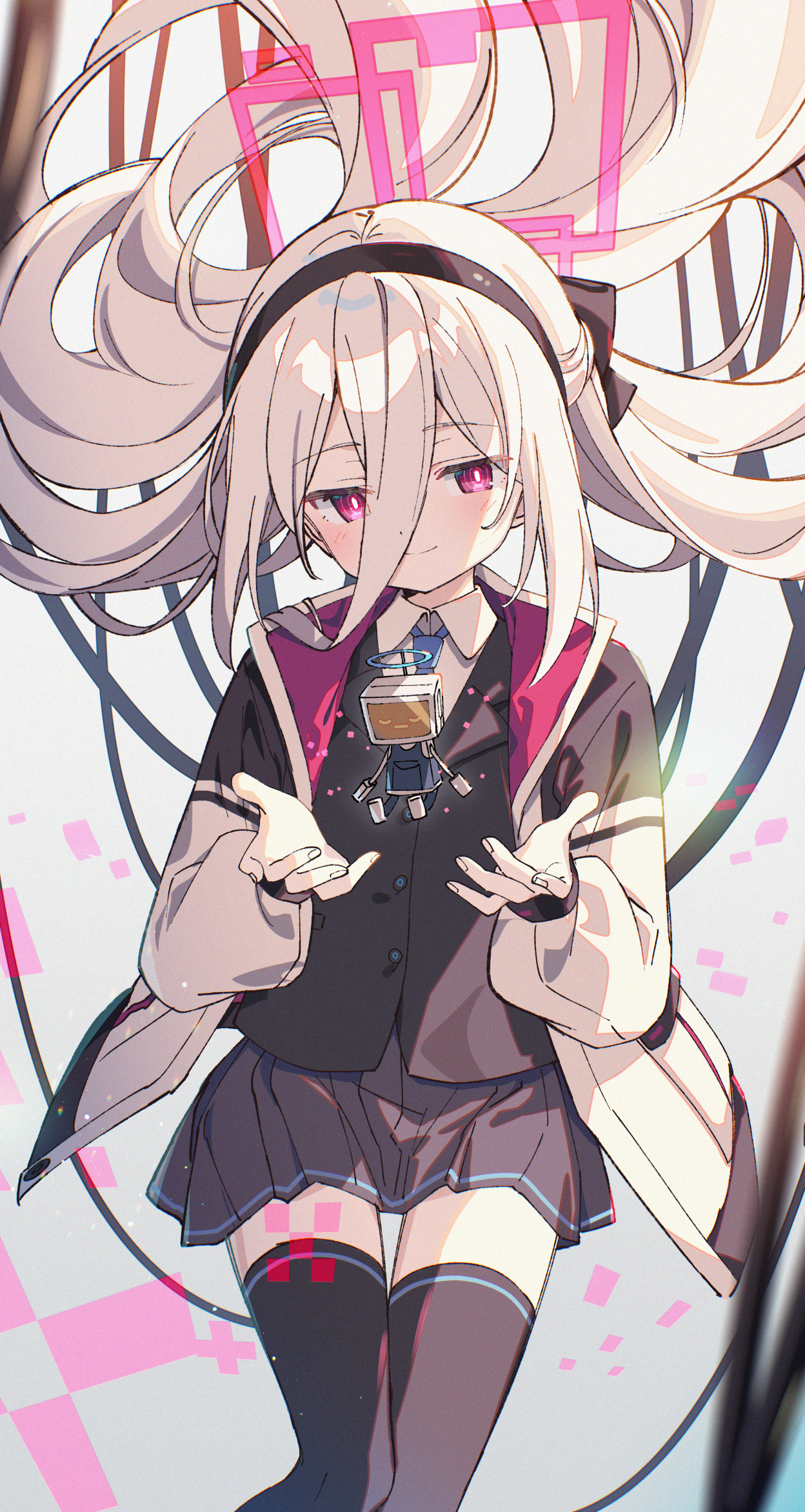 zoirun, kei (blue archive), kei (new body) (blue archive), kei (robot) (blue archive), blue archive, commentary request, highres, 1girl, black hairband, black jacket, black skirt, black thighhighs, blue necktie, closed mouth, collared shirt, hairband, halo, jacket, long bangs, long hair, necktie, open clothes, open jacket, pink eyes, pink halo, shirt, skirt, smile, solo, thighhighs, white hair, white jacket, white shirt