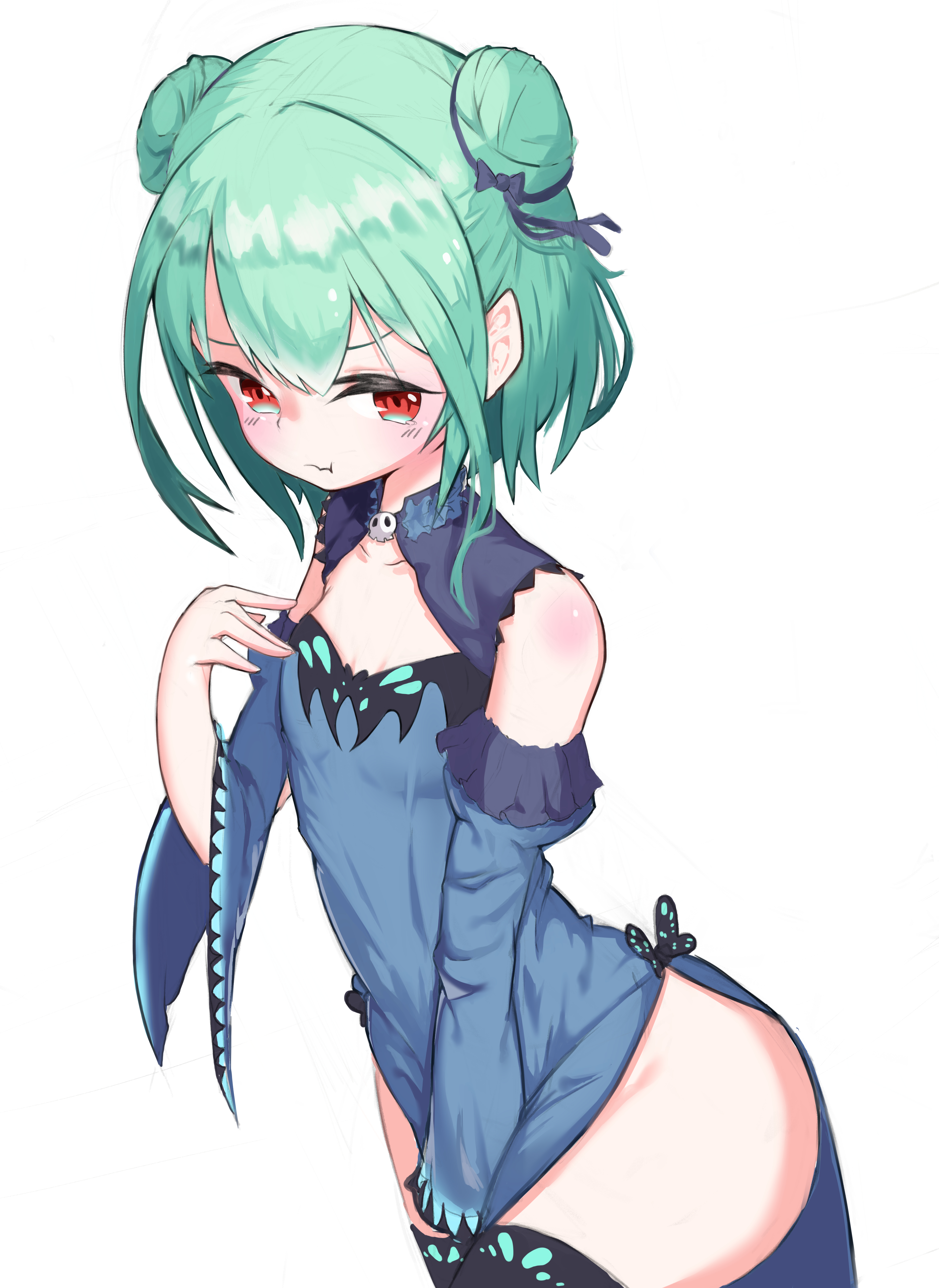 mocha kura, uruha rushia, uruha rushia (1st costume), hololive, absurdres, commentary, highres, 1girl, adapted costume, animal print, ass, bare shoulders, blue dress, blush, butterfly print, detached sleeves, double bun, dress, green hair, groin, hair bun, hair ornament, red eyes, short dress, short hair, side slit, simple background, skull collar, skull hair ornament, solo, tears, virtual youtuber