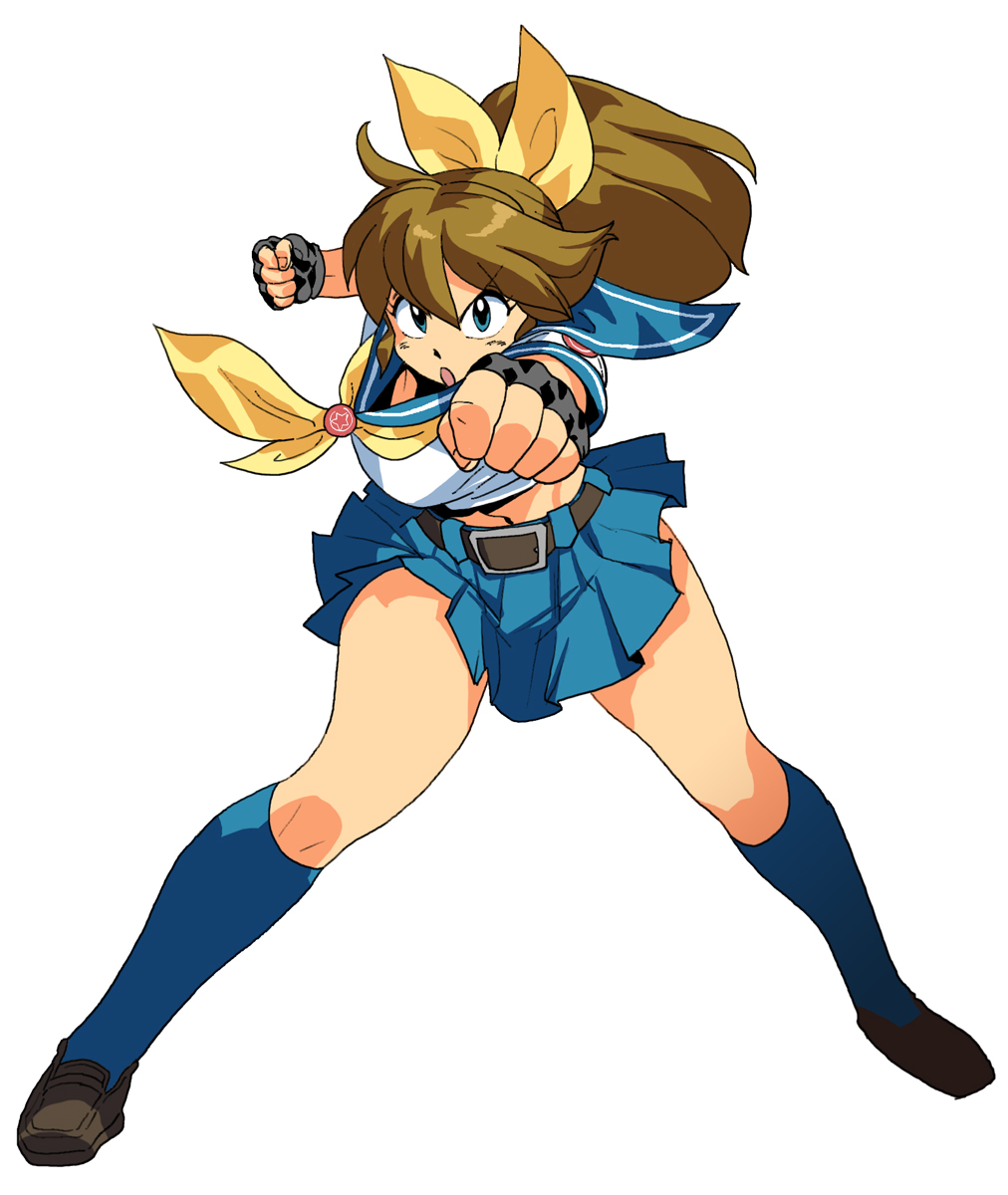 oggy (oggyoggy), ryuko (oggyoggy), m.u.g.e.n, original, highres, 1girl, blue eyes, brown hair, clenched hand, clenched hands, female focus, fingerless gloves, gloves, kneehighs, ponytail, punching, school uniform, serafuku, socks, solo