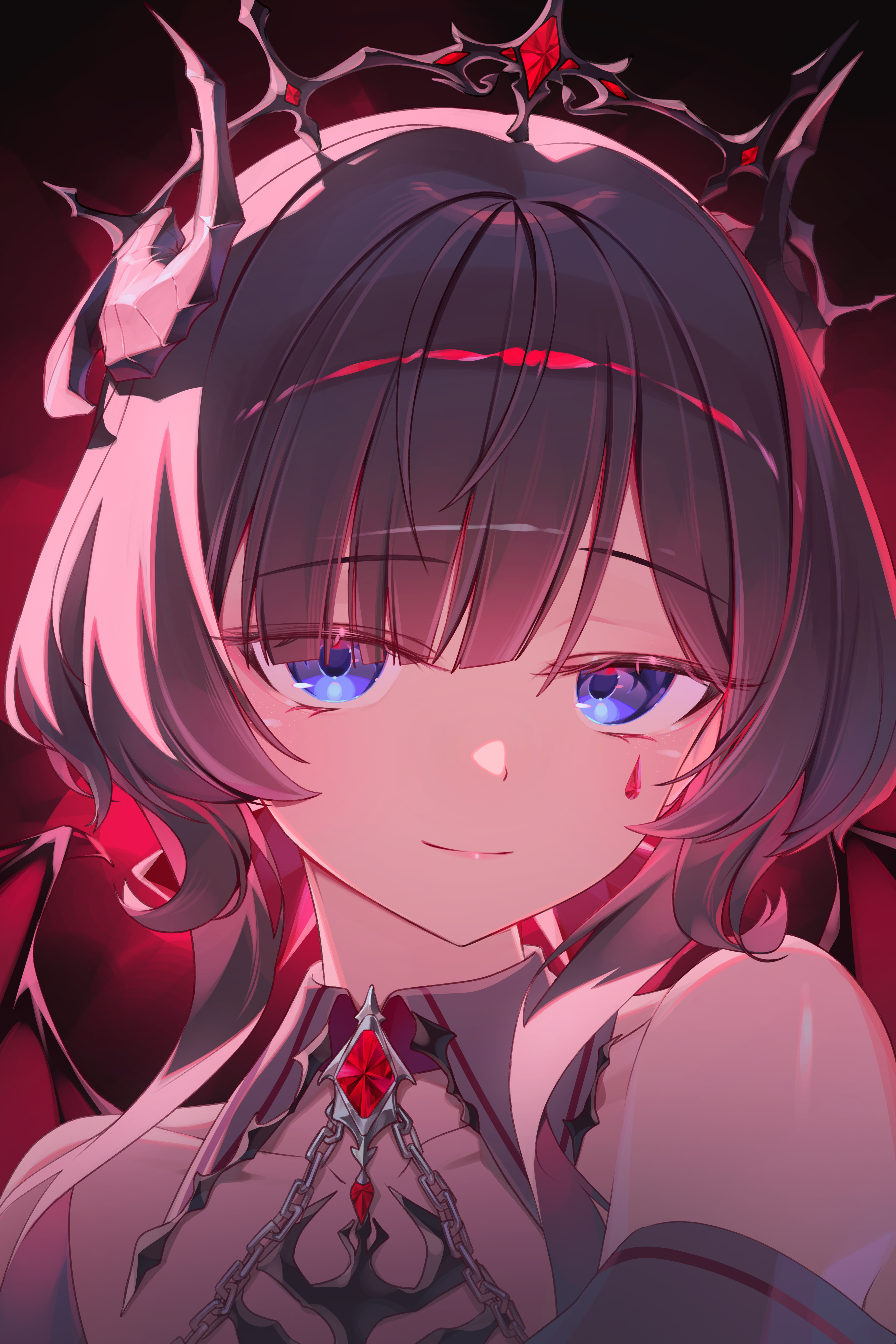 se2ra, sandrone (genshin impact), genshin impact, absurdres, commentary, highres, 1girl, alternate costume, bare shoulders, black horns, black tiara, blue eyes, closed mouth, facial mark, grey hair, horns, long hair, looking at viewer, mark under eye, portrait, red background, smile, solo, teardrop facial mark, tiara