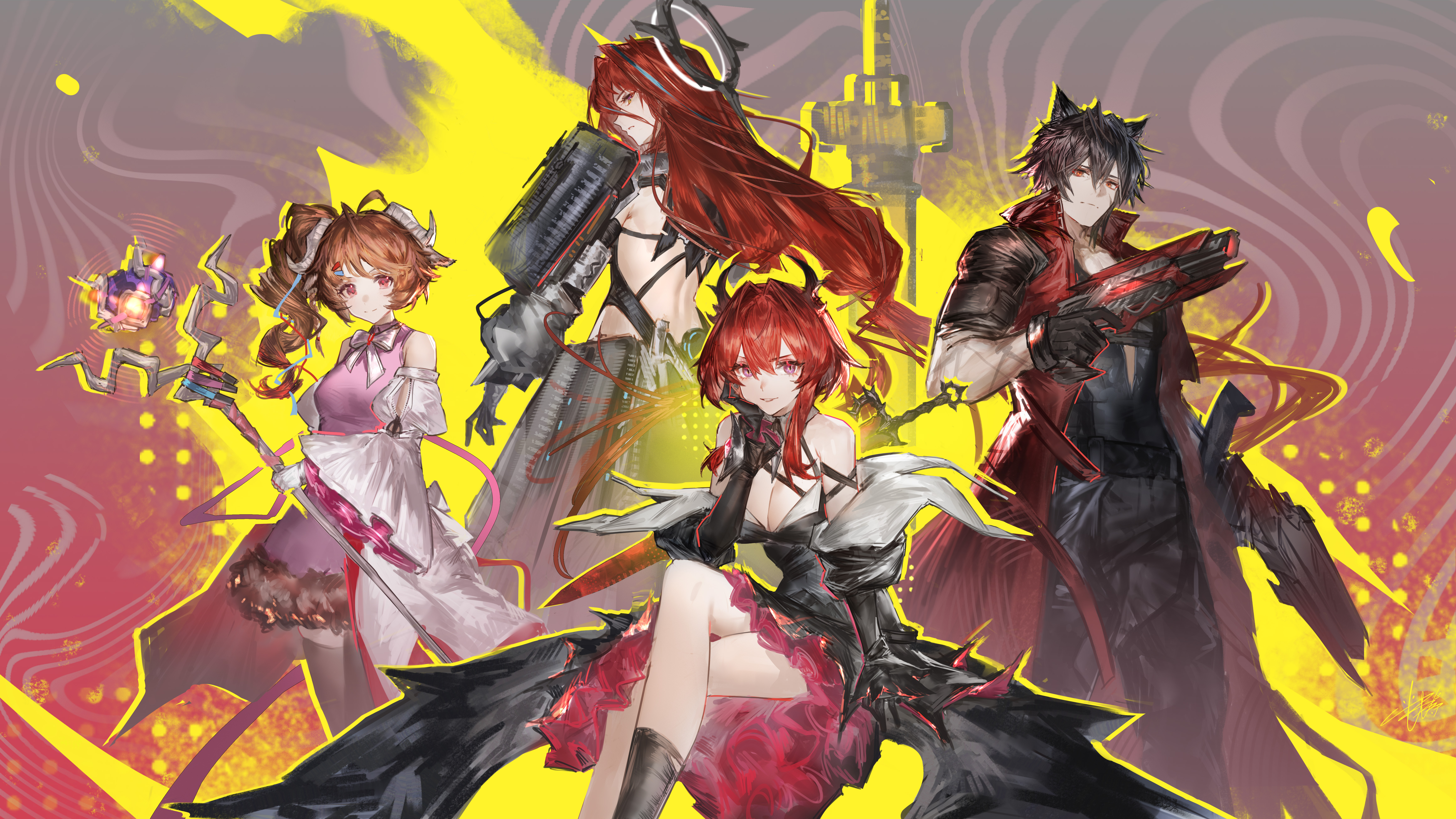 yiyanbanshengchou, ardelia (arknights), ember (arknights), eyjafjalla (arknights), surtr (arknights), wulfgard (arknights), arknights, arknights: endfield, absurdres, chinese commentary, commentary request, highres, animal ears, black gloves, black hair, blue hair, brown hair, crossed legs, curled horns, demon horns, detached sleeves, elbow gloves, elbow on thigh, elbow rest, elevation contour lines, gloves, gun, head rest, holding, holding gun, holding staff, holding weapon, horns, laevatain (arknights), looking at viewer, multicolored hair, orange eyes, purple eyes, red hair, sheep ears, sheep girl, sheep horns, side ponytail, staff, streaked hair, weapon, wolf boy, yellow eyes