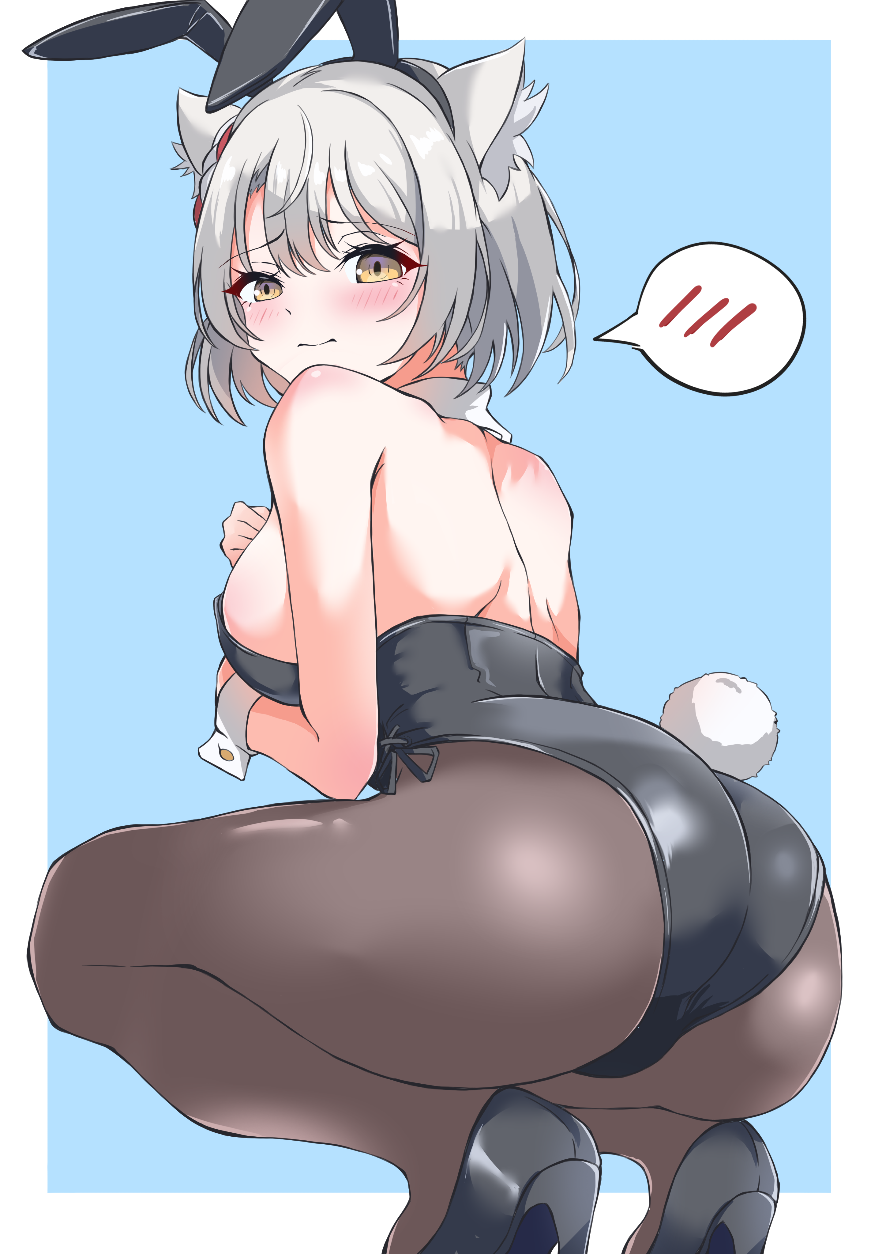 otama (otama ladle23), mio (xenoblade), xenoblade chronicles (series), xenoblade chronicles 3, absurdres, commentary, highres, 1girl, animal ear hairband, animal ears, ass, back, black leotard, blue background, blush, bob cut, border, breasts, cat ears, cat girl, closed mouth, fake animal ears, fake tail, hair between eyes, hairband, high heels, large breasts, leotard, median furrow, outside border, pantyhose, playboy bunny, rabbit ear hairband, rabbit ears, rabbit tail, short hair, simple background, solo, spoken blush, squatting, tail, white border, white hair, yellow eyes