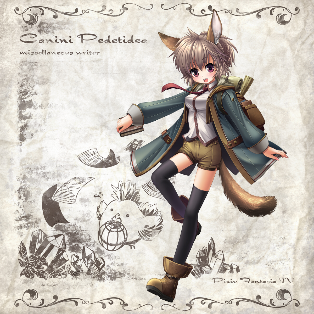 kei (pixiv), kei kei, pixiv fantasia, pixiv fantasia 4, highres, 1girl, animal ears, bird, book, boots, brown hair, coat, crystal, dog ears, dog tail, female focus, necktie, paper, purple eyes, short hair, shorts, solo, tail, thighhighs