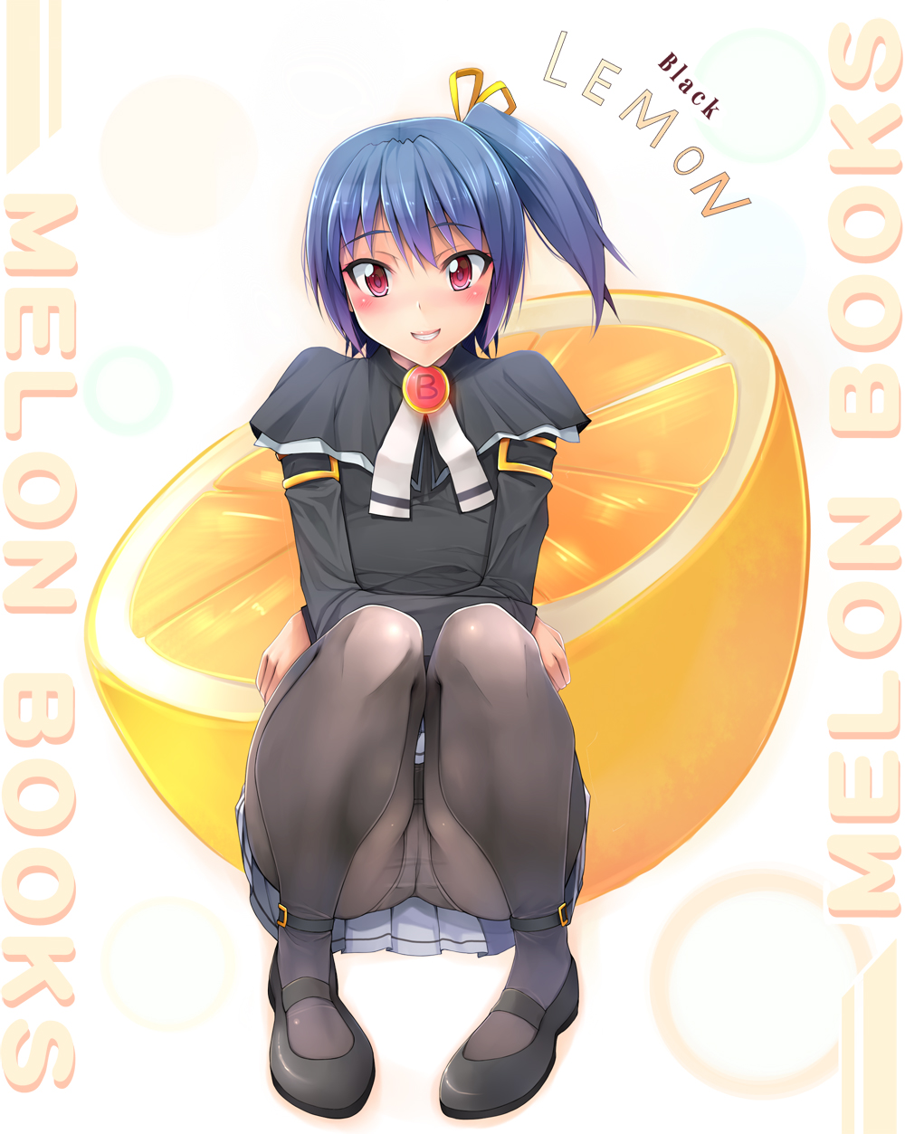 yuki usagi (mofurafu), black lemon-chan, melonbooks, bad id, bad pixiv id, highres, 1girl, blue hair, crotch seam, female focus, food, fruit, fruit background, lemon, panties, panties under pantyhose, pantyhose, pantyshot, red eyes, sitting, smile, solo, underwear, upskirt