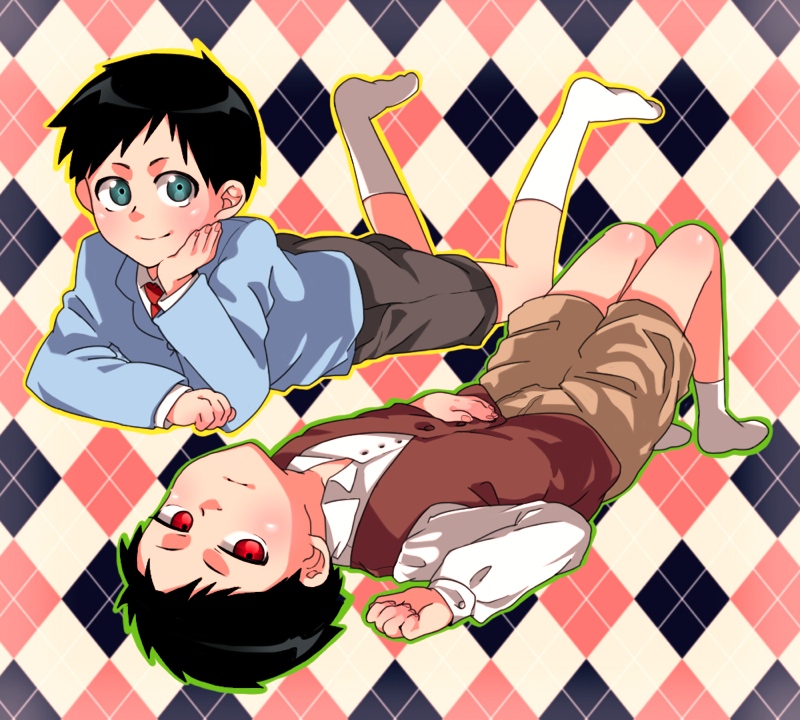 rocd, pride (fma), selim bradley, fullmetal alchemist, 00s, 2boys, argyle background, argyle clothes, black hair, blue eyes, child, dual persona, lying, male focus, multiple boys, necktie, red eyes, short hair, shorts, sweater