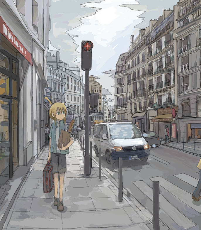 noji, tommy (chou shindou boots), iris (material sniper), material sniper, volkswagen, 1girl, bag, blonde hair, building, car, city, cloud, crosswalk, day, female focus, green eyes, high ponytail, jacket, motor vehicle, outdoors, pavement, ponytail, road, shopping bag, short hair, short ponytail, shorts, sky, sleeves rolled up, slice of life, solo, street, traffic light, van, vanishing point, volkswagen transporter, volkswagen type 2 (transporter)
